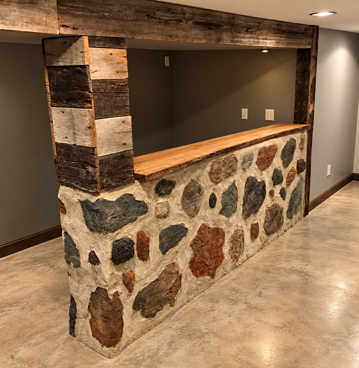 Rustic Stone and Reclaimed Wood Basement Bar.png