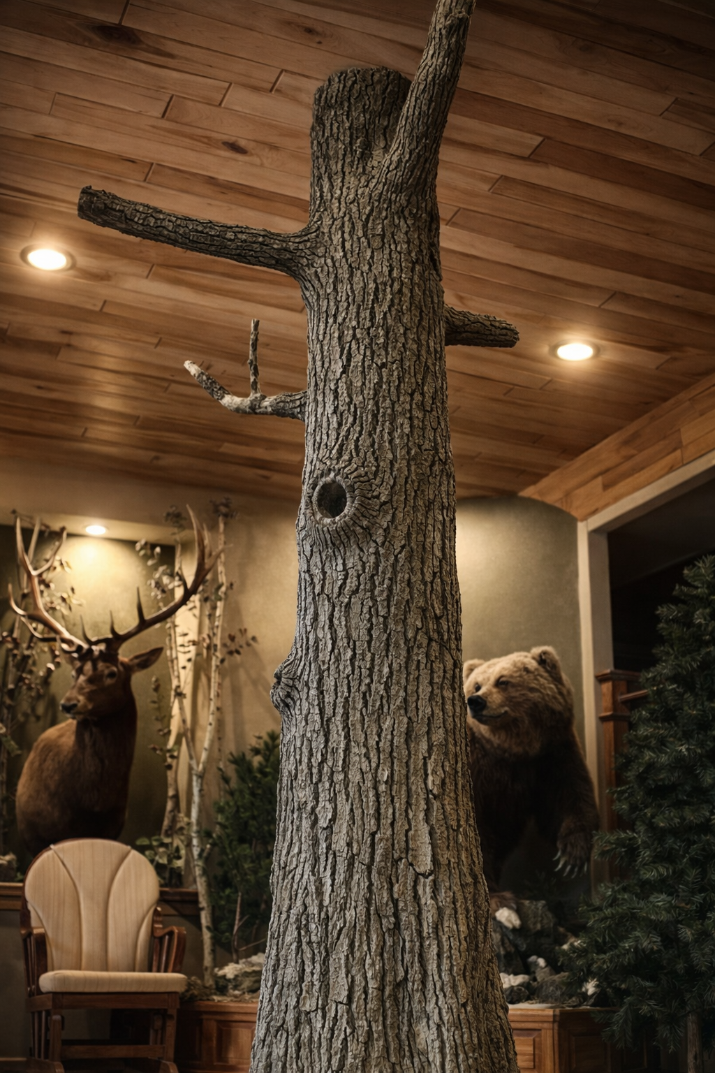 Rustic indoor scene with tree trunk.png