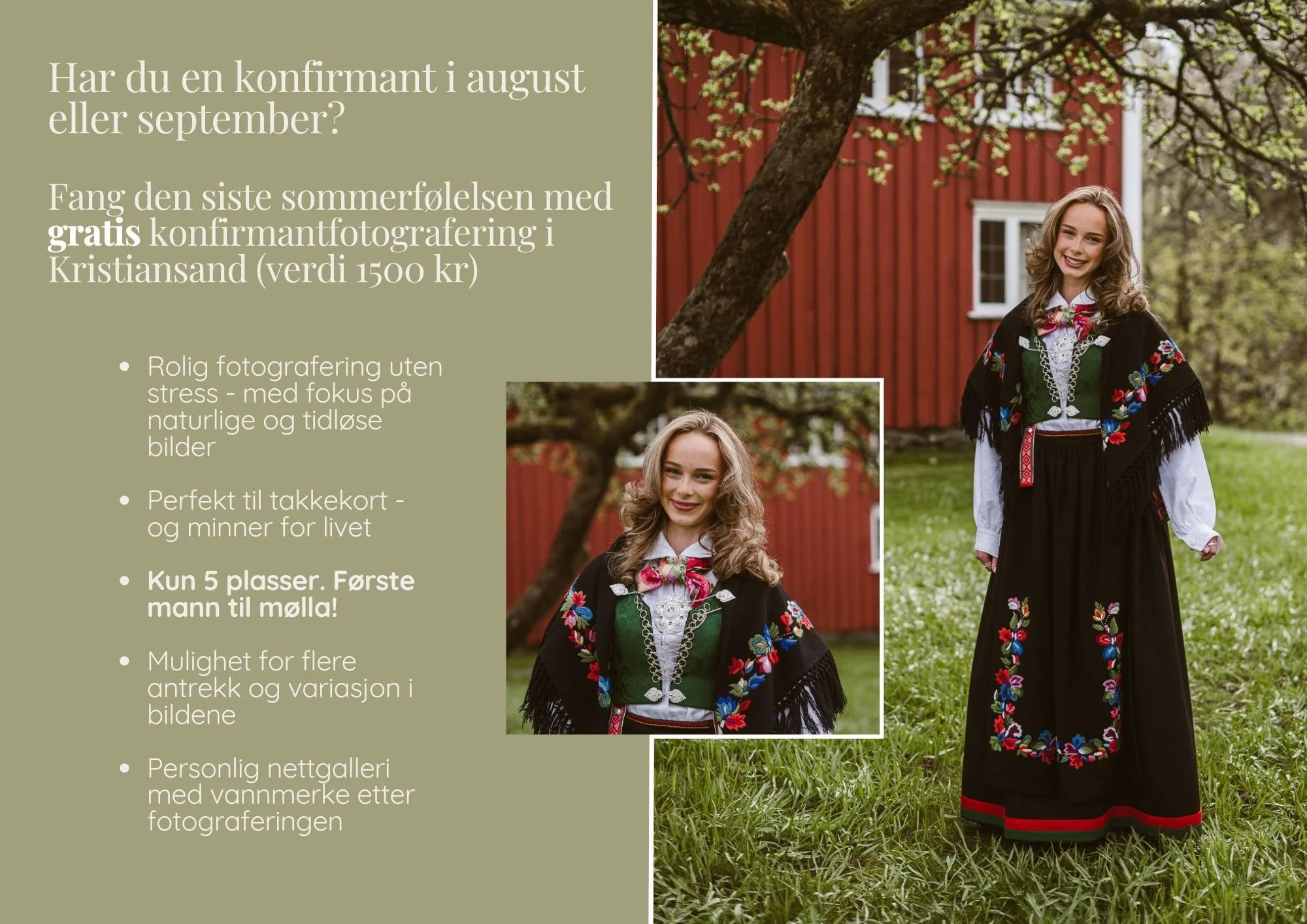 En jente iført tradisjonell norsk bunad står ute i en hage med trær og en rød låve i bakgrunnen.