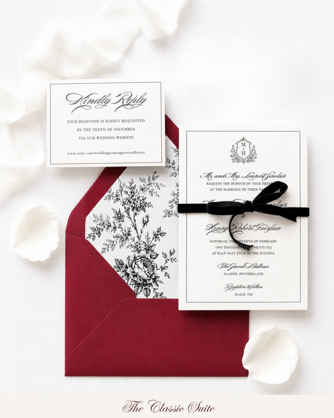 Paige & Press St. Moritz Collection classic luxury letterpress wedding invitation suite featuring black velvet ribbon, floral envelope liner, and timeless heirloom-inspired design by Paige & Press.