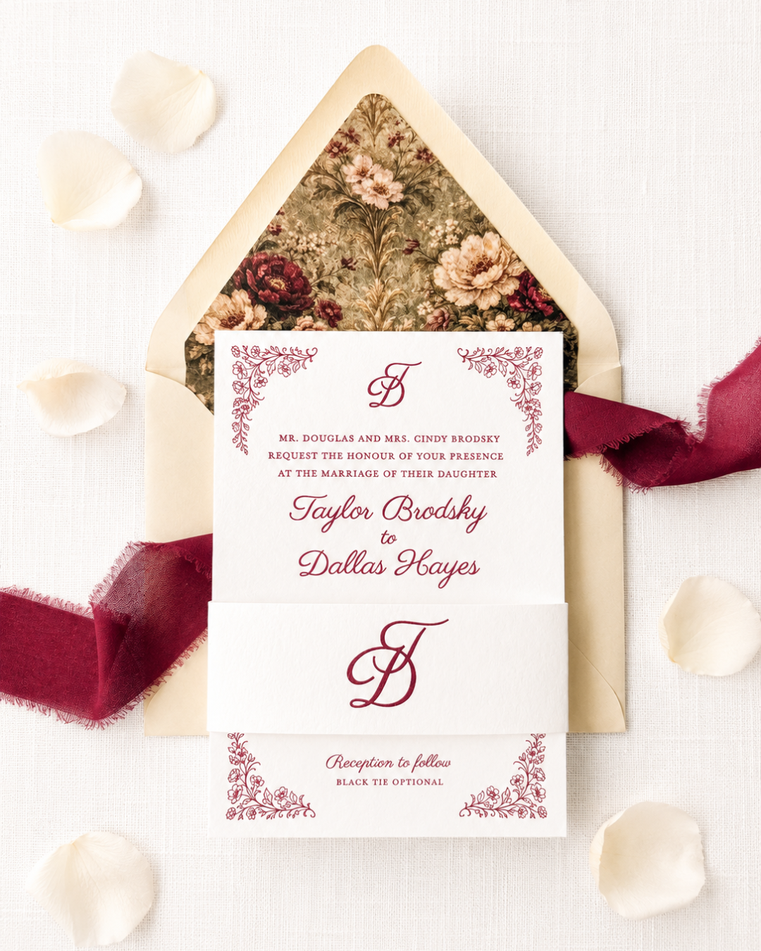Paige & Press Custom Experience luxury wedding invitation suite designed by Paige & Press featuring floral details and heirloom letterpress printing.