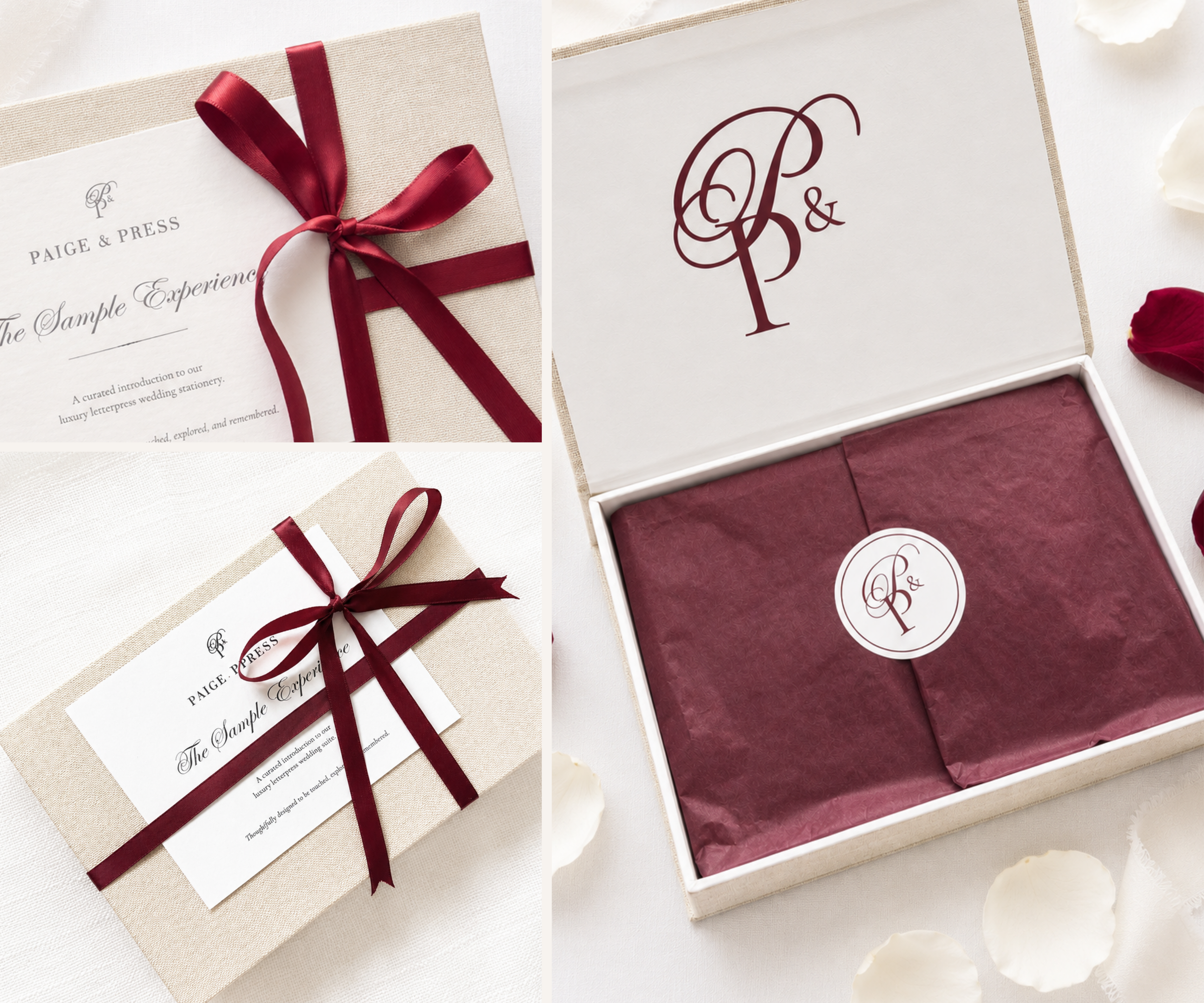 Paige & Press Sample Experience featuring luxury letterpress invitation samples, keepsake packaging, burgundy ribbon, custom monogram, and heirloom stationery details.