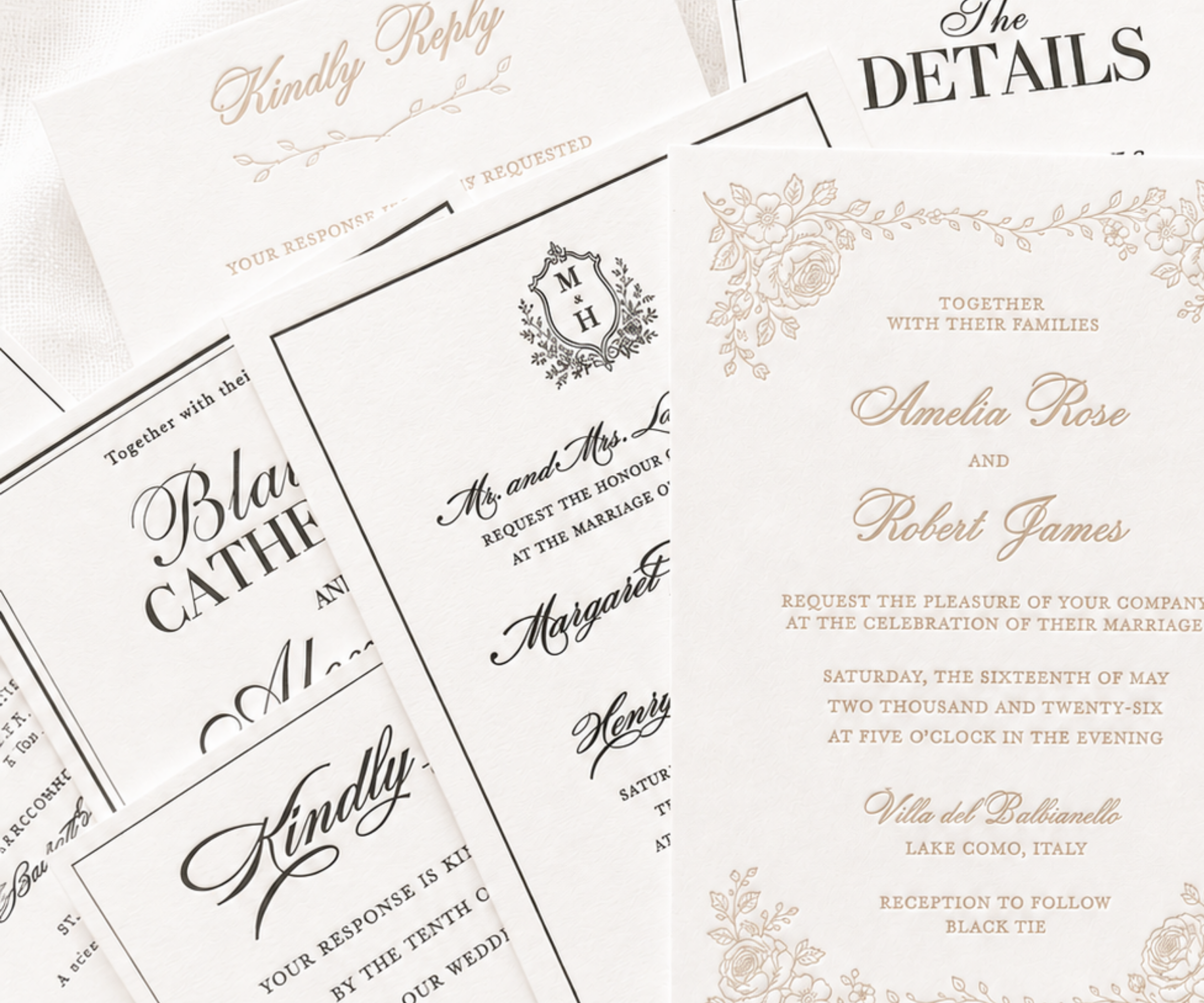 Paige & Press Sample Experience close-up of luxury letterpress wedding invitation details featuring a custom monogram, heirloom typography, and deeply impressed printing.