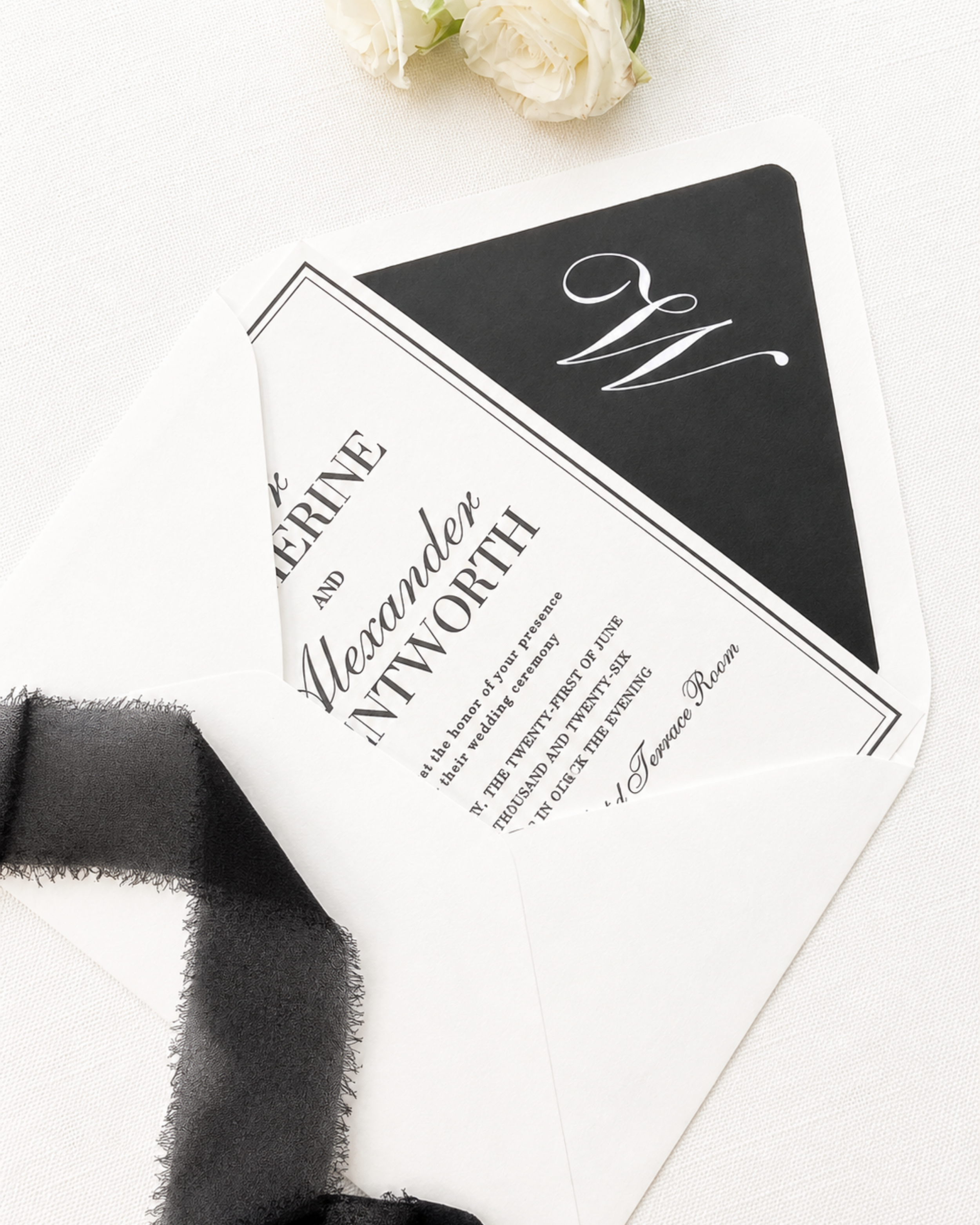 Paige & Press Fifth Avenue Collection black tie letterpress wedding invitation suite with custom envelope liner and premium cotton paper.