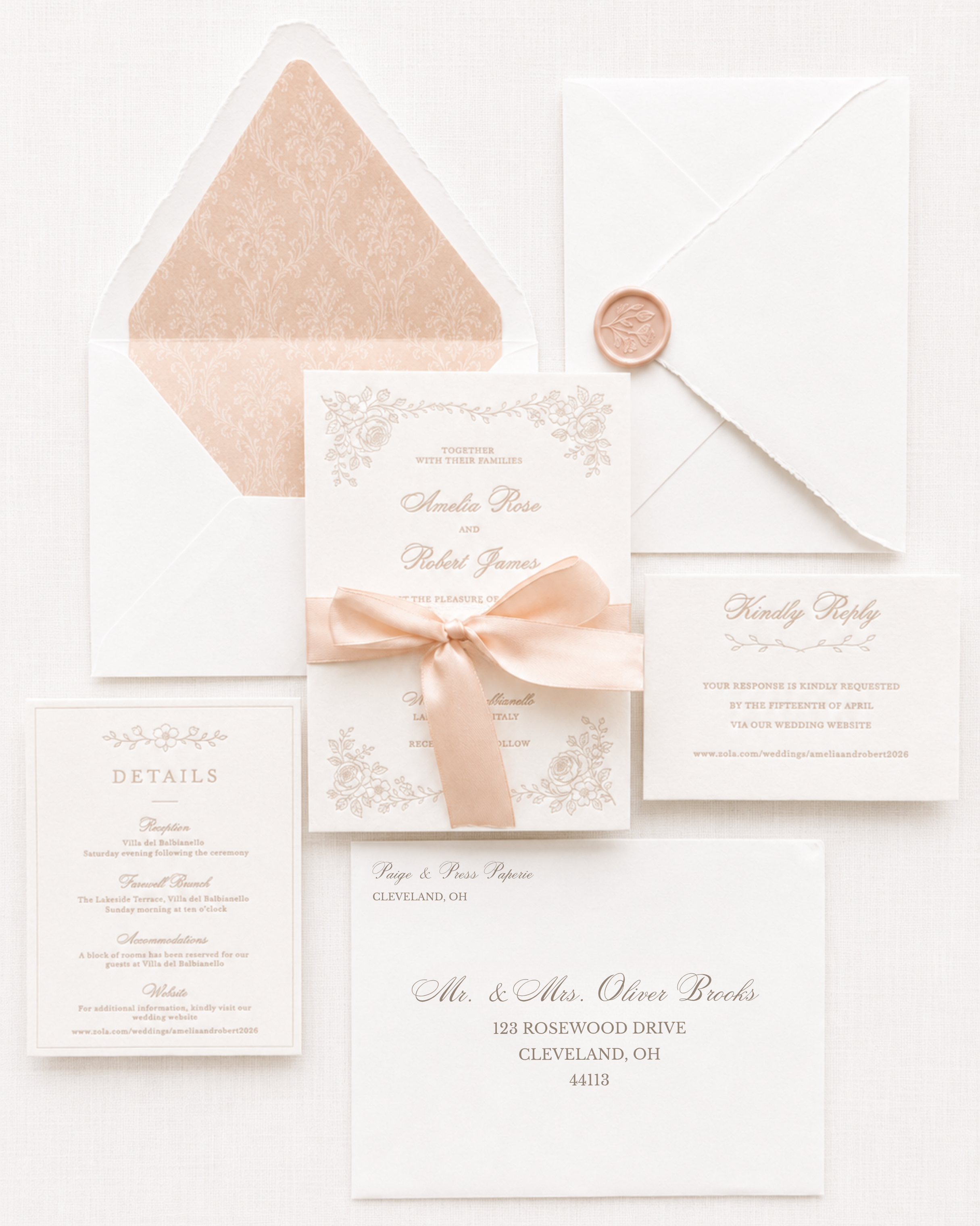 Paige & Press Verona Collection romantic garden wedding invitation suite featuring blush ribbon, premium cotton paper, and luxury letterpress printing.