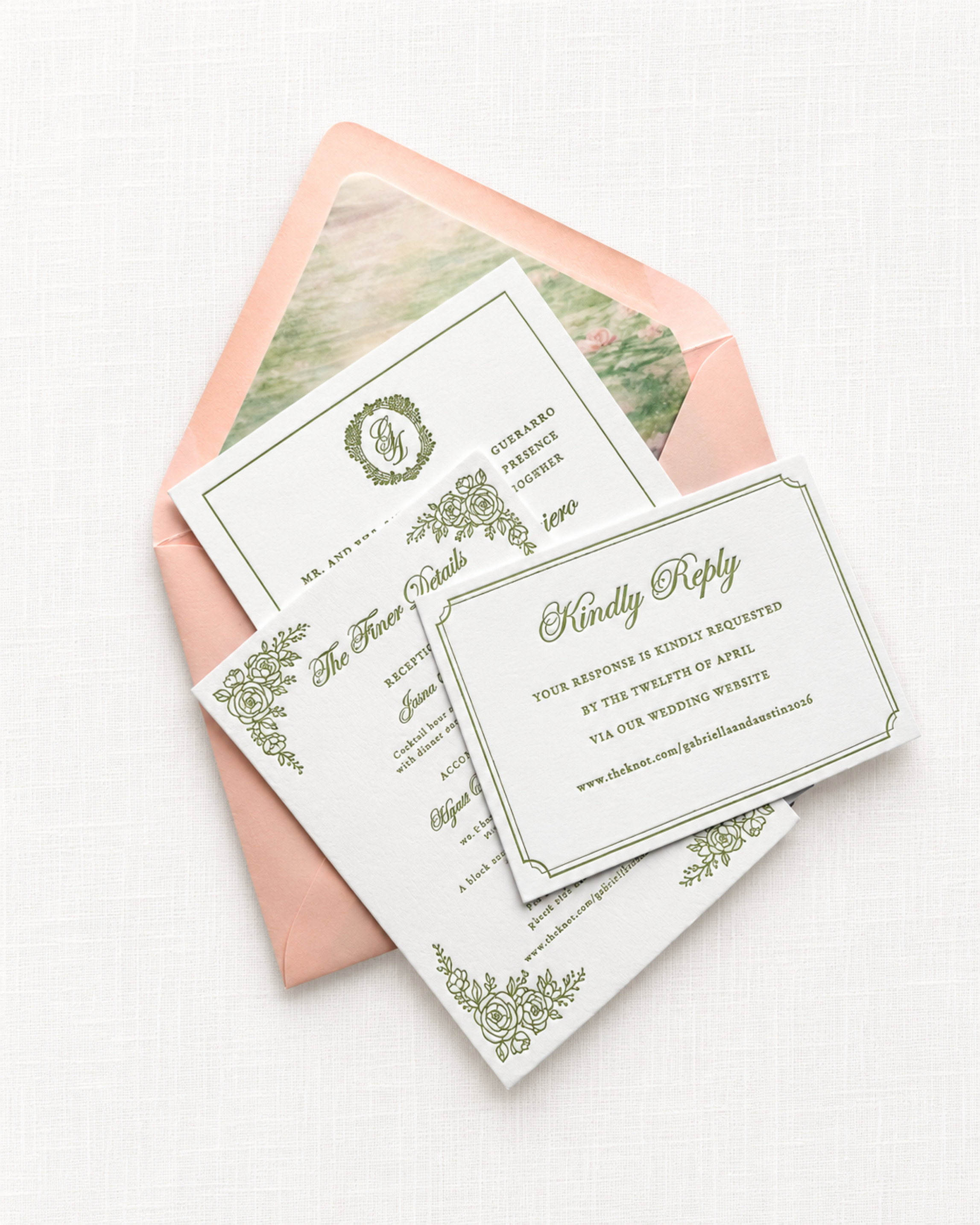 Paige & Press Custom Experience  letterpress wedding invitation suite with blush envelope, heirloom paper, and elegant typography.