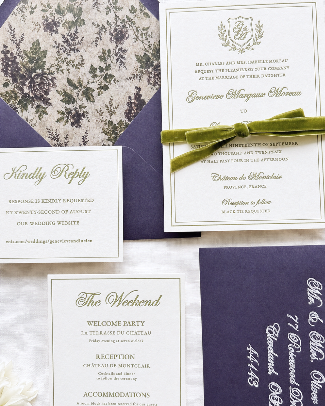 Paige & Press Sample Experience featuring a luxury keepsake box with custom monogram, black pocket folder, burgundy ribbon, and curated letterpress wedding stationery.