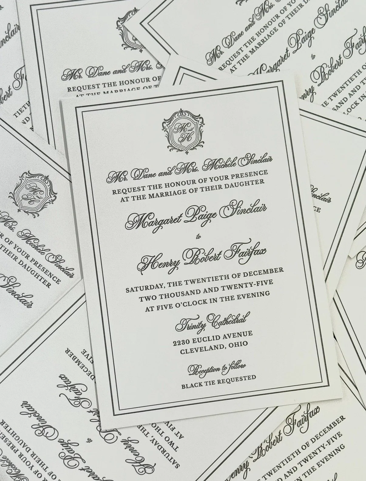 Paige & Press Sample Experience featuring luxury letterpress invitation samples, keepsake packaging, burgundy ribbon, custom monogram, and heirloom stationery details.