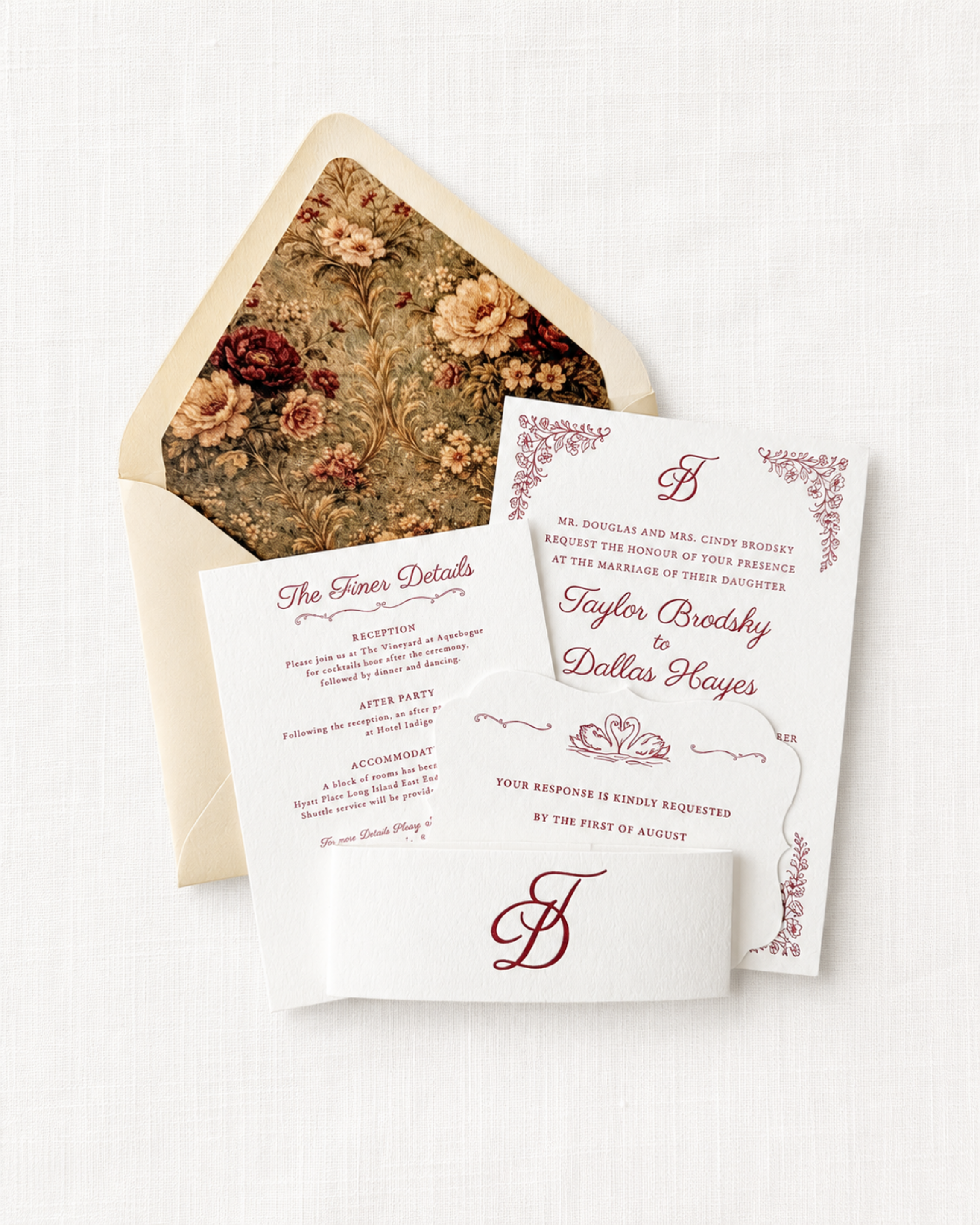 Paige & Press Custom Experience letterpress wedding invitation suite featuring a floral envelope liner, monogram crest, heirloom typography, and luxury wedding stationery.