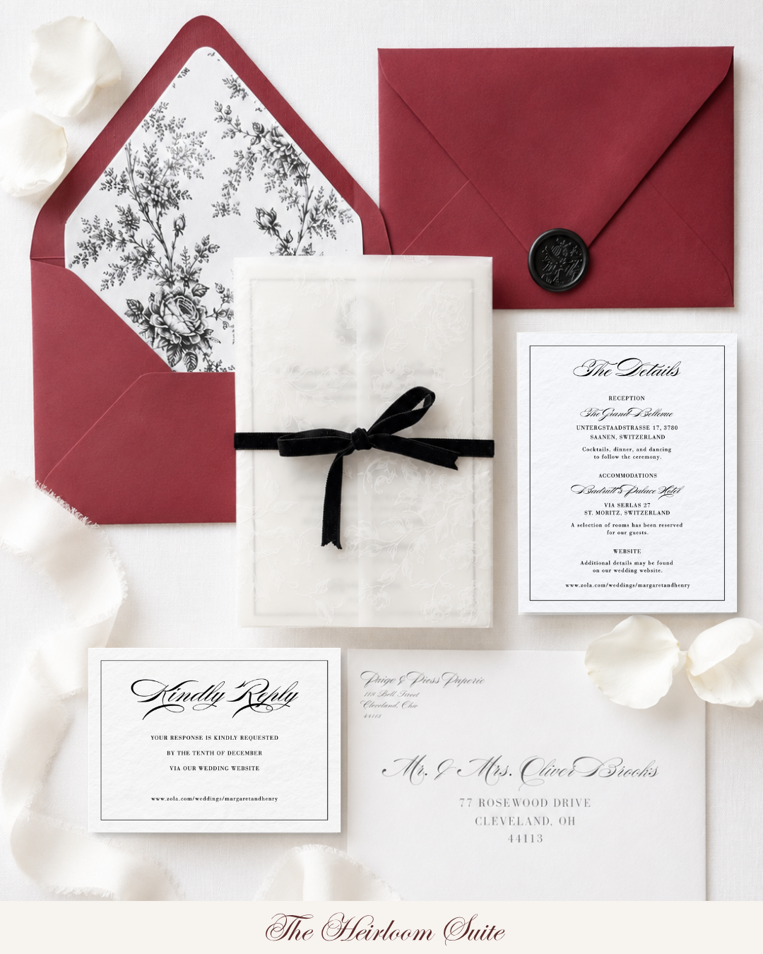 Paige & Press St. Moritz Collection signature luxury letterpress wedding invitation suite featuring a floral vellum wrap, black velvet ribbon, black wax seal, and timeless heirloom-inspired design.