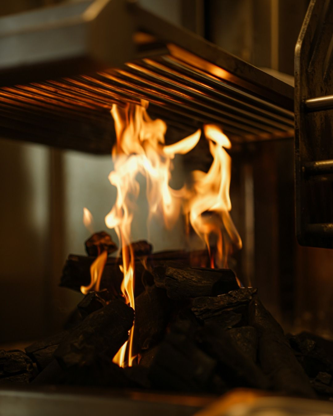 Fire burning on charcoal inside a grill.