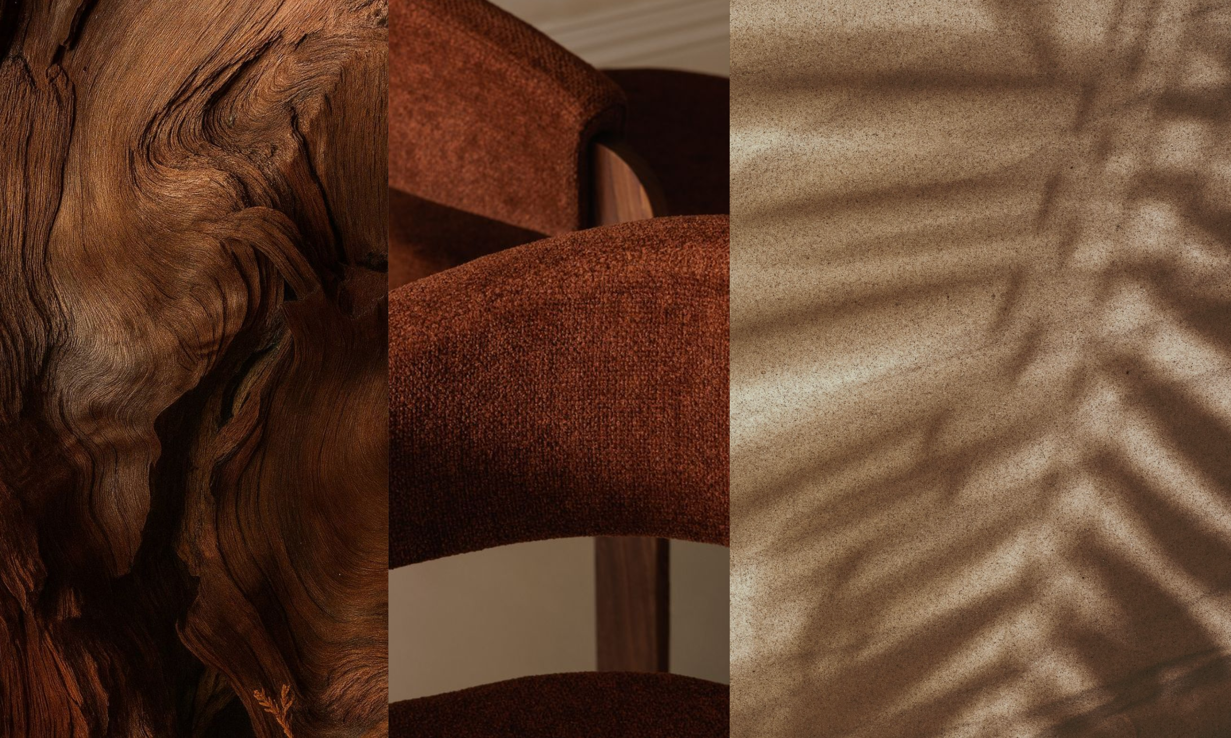 Close-up of various textures including wood grain, a fabric-covered surface, and a crinkled paper surface in shades of brown and tan.