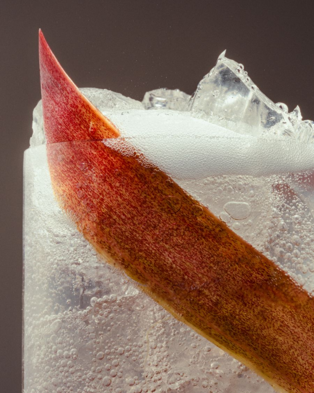 Close-up of a glass of clear soda with ice cubes and a large slice of grapefruit.