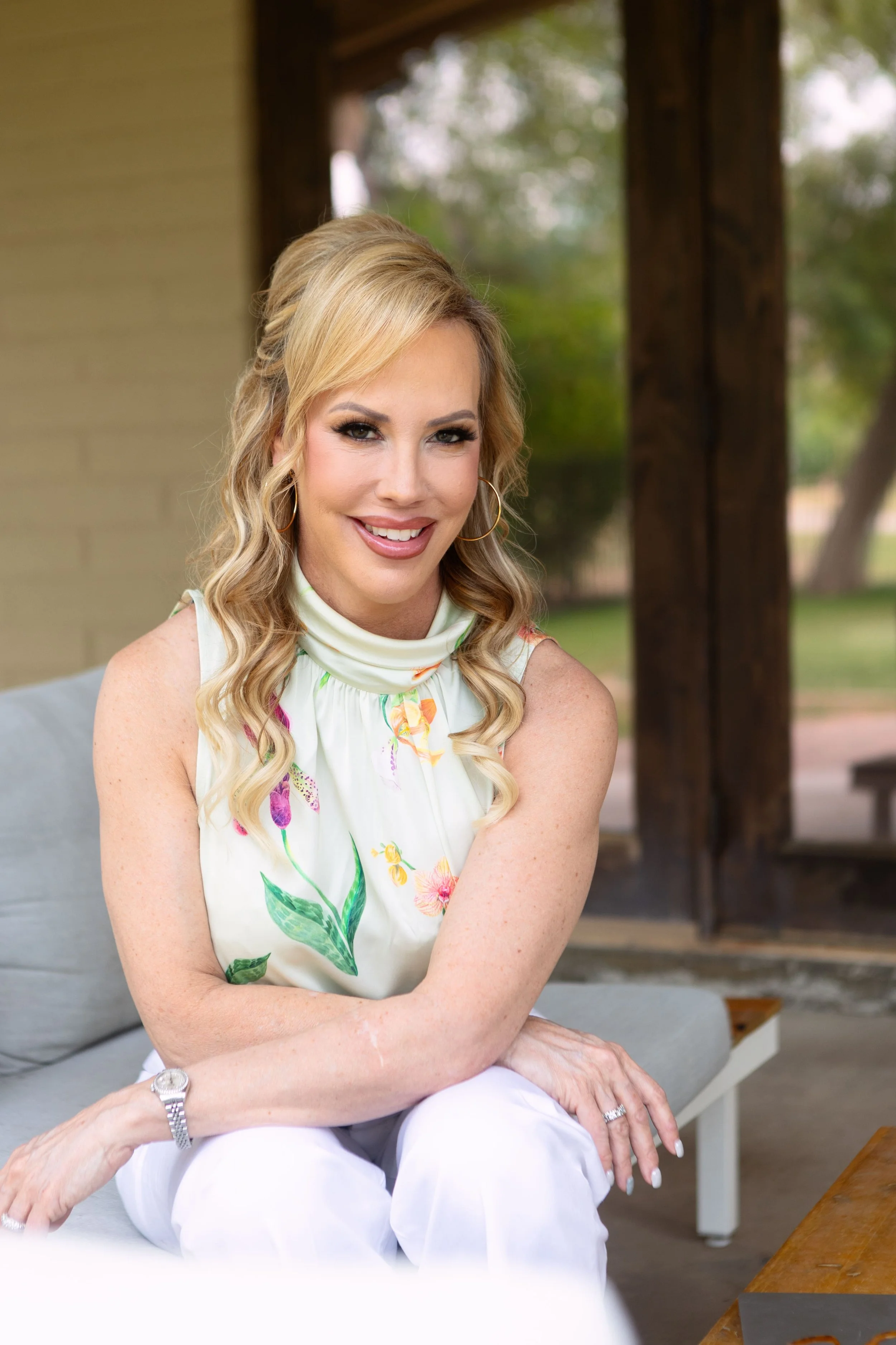 Sarah Engelhardt sitting comfortably outside