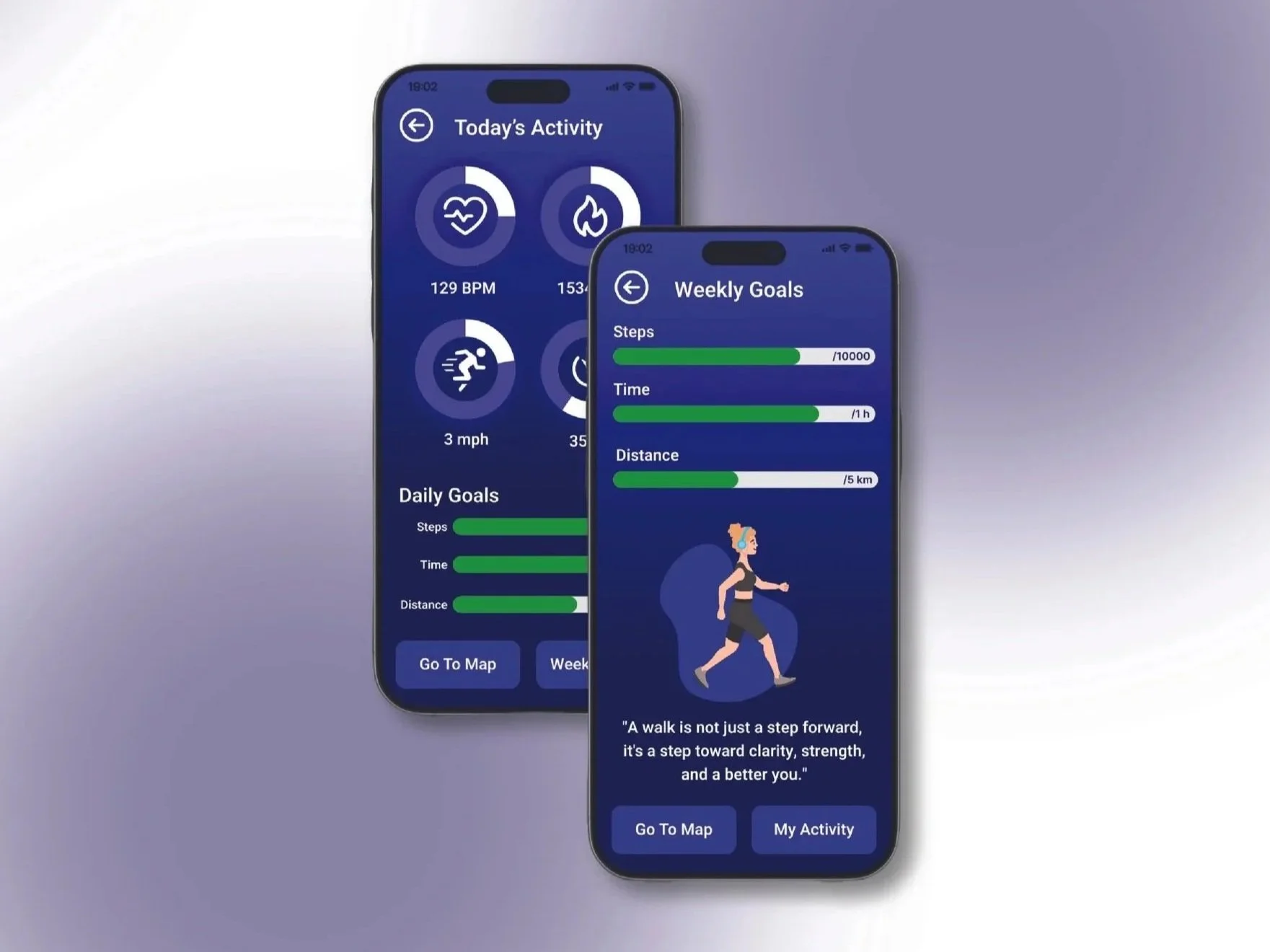 Two smartphones showing a health and fitness app with daily activity and weekly goals, including steps, time, and distance, with a walking person illustration and motivational quote.