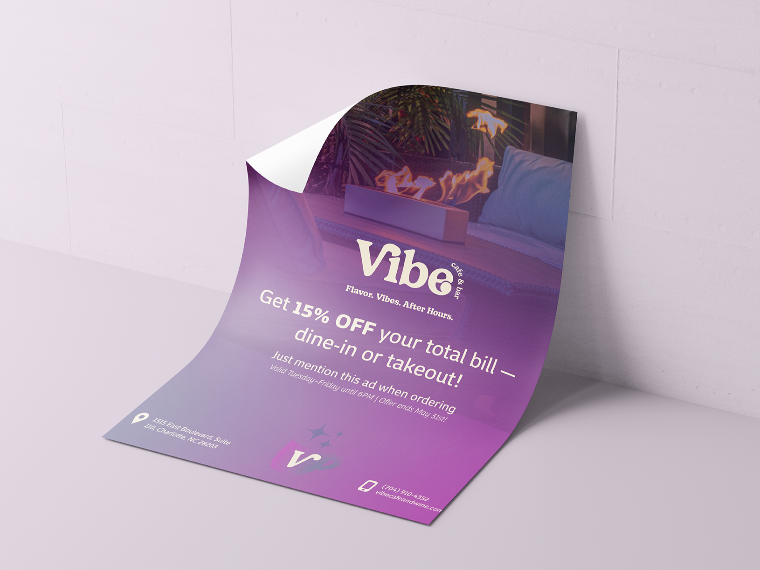 A flyer with the word 'Vibe' at the top, advertising a discount on dine-in or takeout orders at a café or bar, with purple and pink gradient background and tropical plant images.