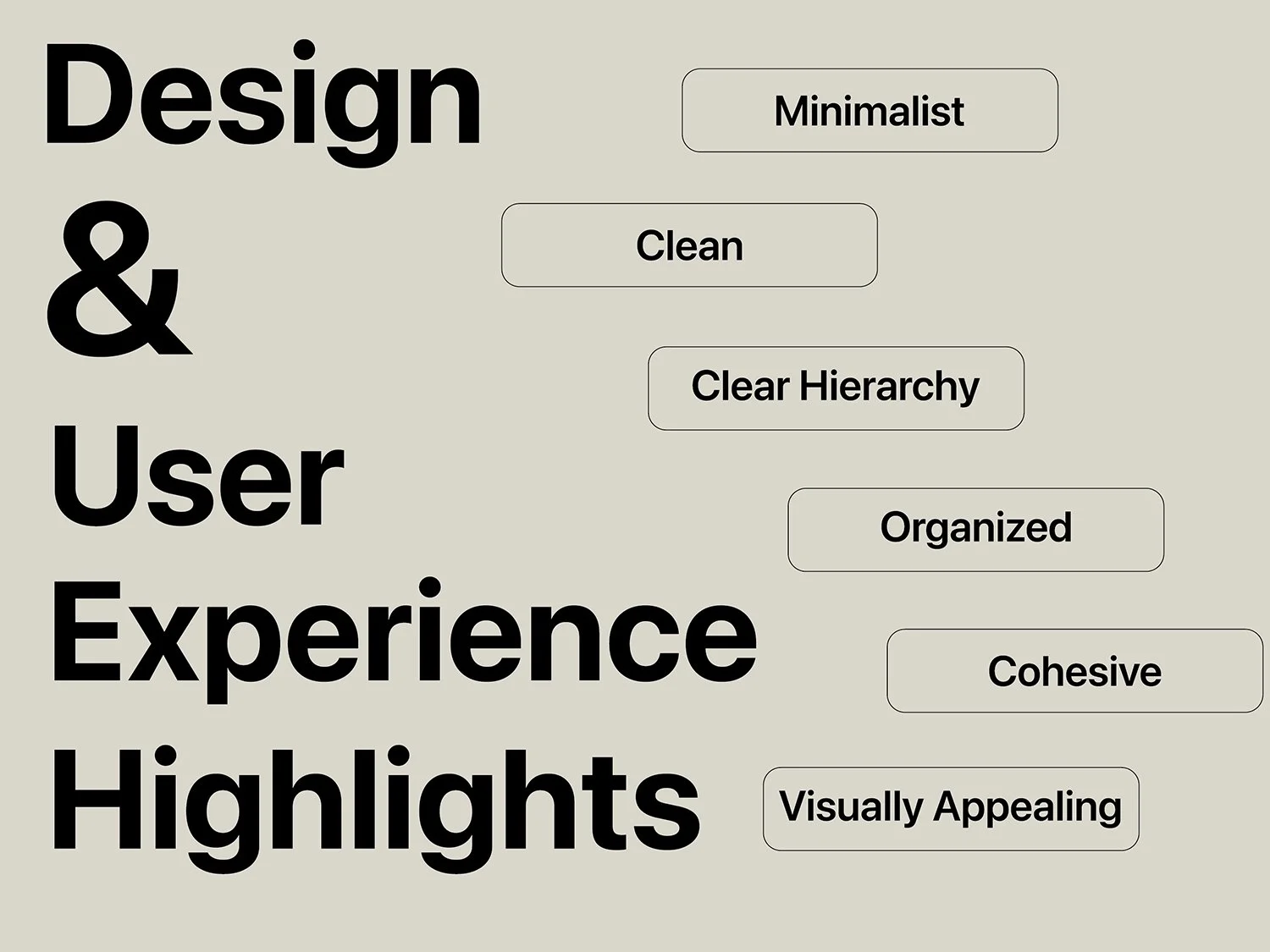 A graphic design outline with the large, bold words 'Design & User Experience Highlights' on the left side. On the right side, there are five rectangular buttons with rounded edges, each containing words: 'Minimalist,' 'Clean,' 'Clear Hierarchy,' 'Organized,' 'Cohesive,' and 'Visually Appealing.' The background color is a light beige, and the text is in black, with a clean and simple layout.