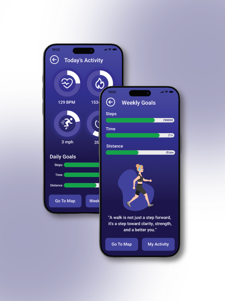 Two smartphones displaying a fitness app with activity stats and weekly goals, including steps, heart rate, and running distance.