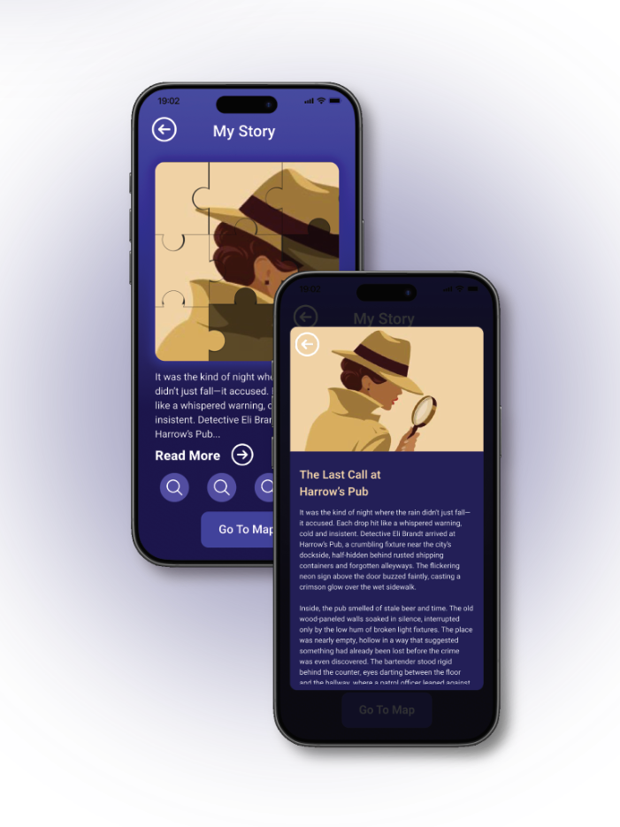 Two smartphones displaying a story app, with illustrations of a detective in a hat and a woman with a magnifying glass, and story titles about a night at Harrow's Pub.