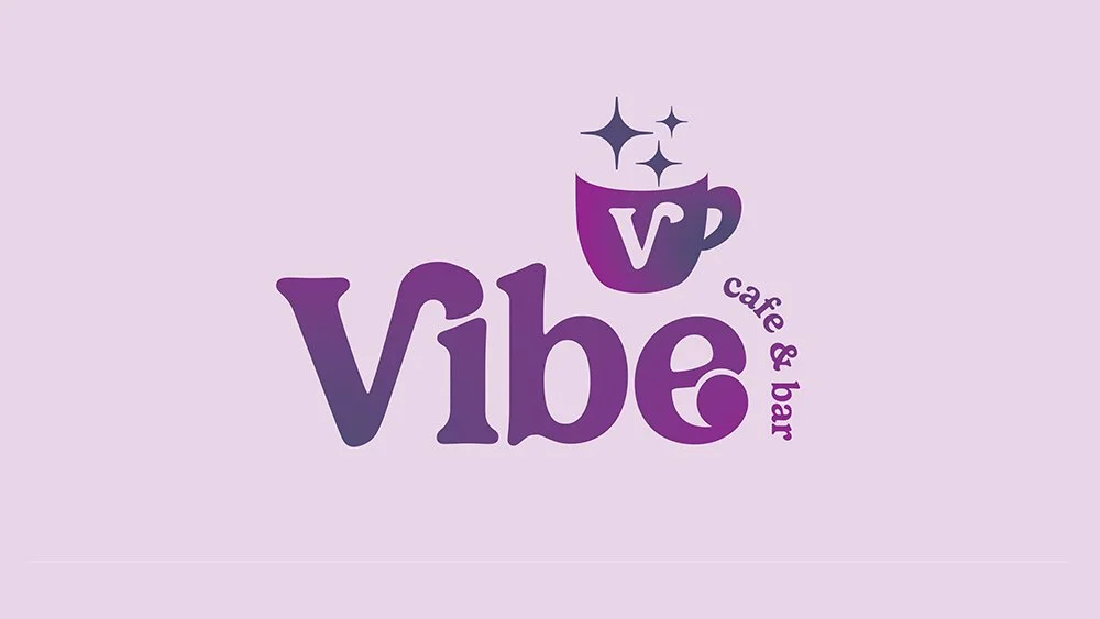 A logo for Vibe Cafe & Bar with purple text, a coffee mug with a 'V' on it, and sparkles, on a light purple background.