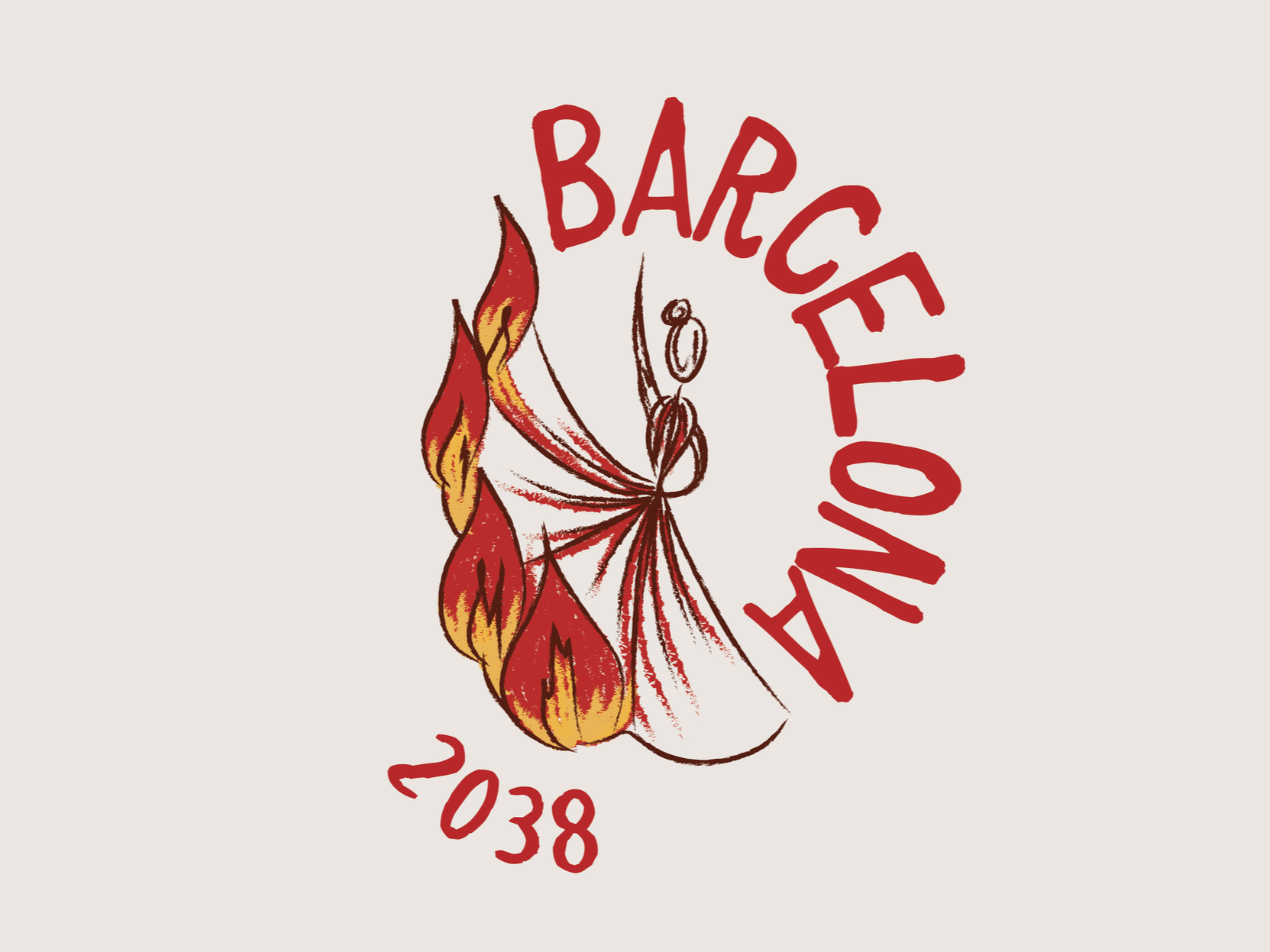 A logo for Barceló A 2038 featuring stylized flames and text curved around the flames on a light background.