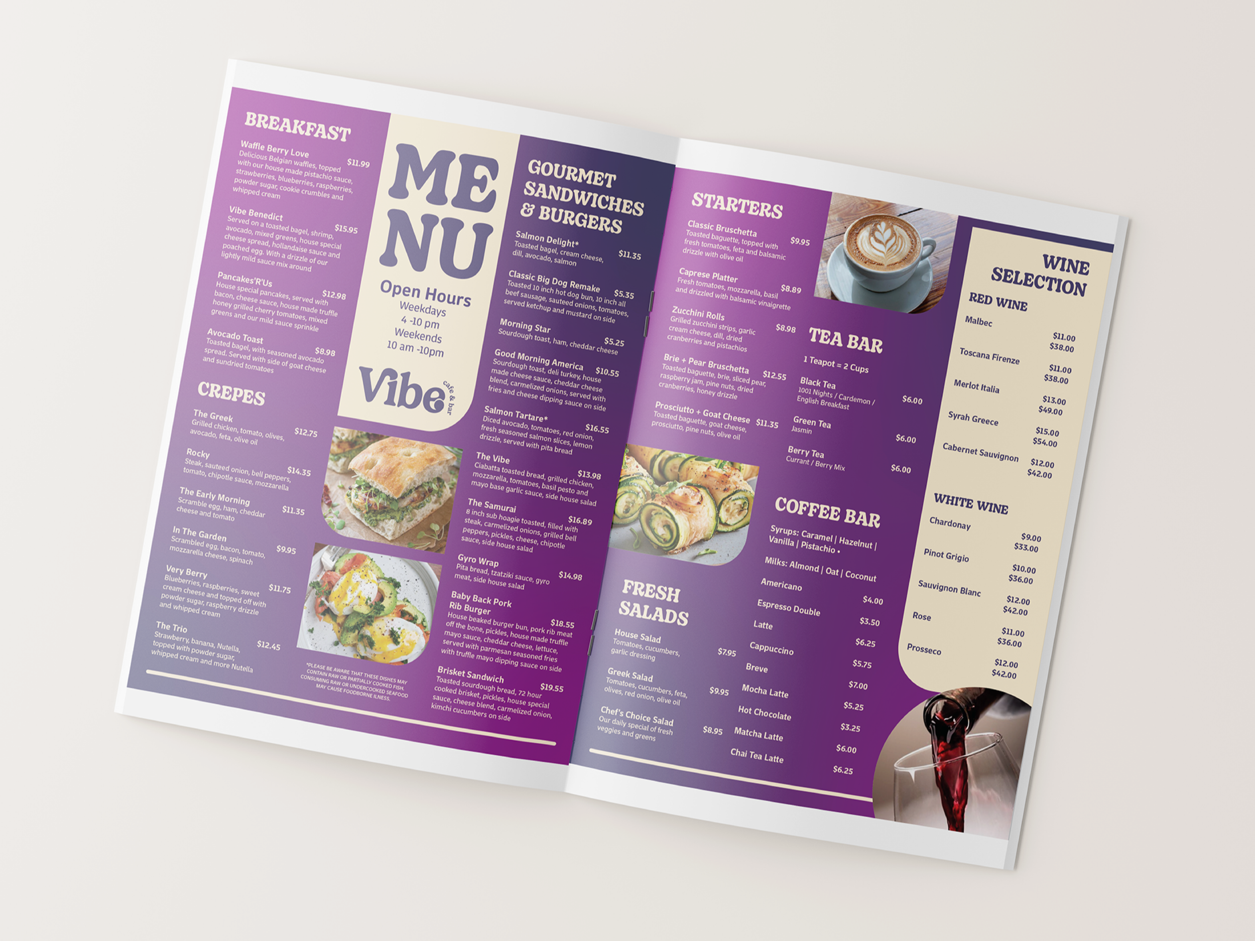 Close-up of a restaurant menu featuring breakfast, gourmet sandwiches and burgers, starers, tea bar, wine selection, and fresh salads, with photos of food and drinks.