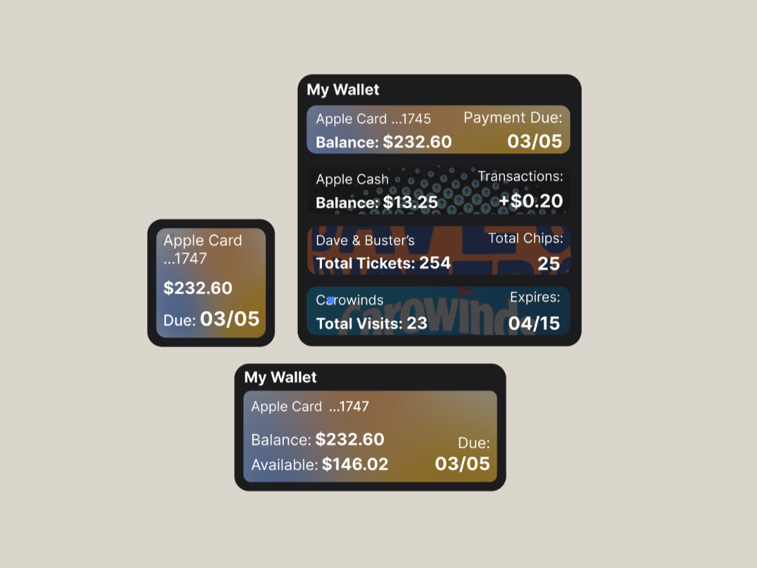 Three digital wallet displays showing balances, due dates, and transaction details for Apple Card and other account information.