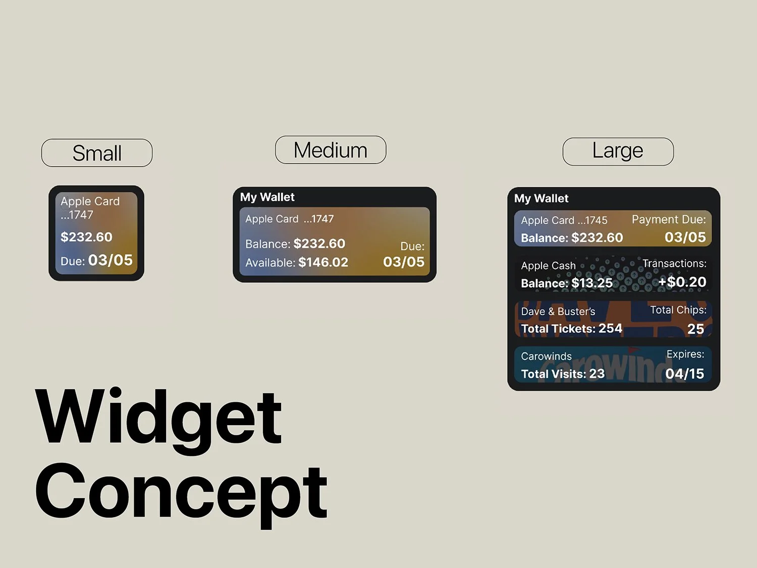Comparison of three different sizes of digital wallet widgets labeled Small, Medium, and Large, showing various financial details and design differences.