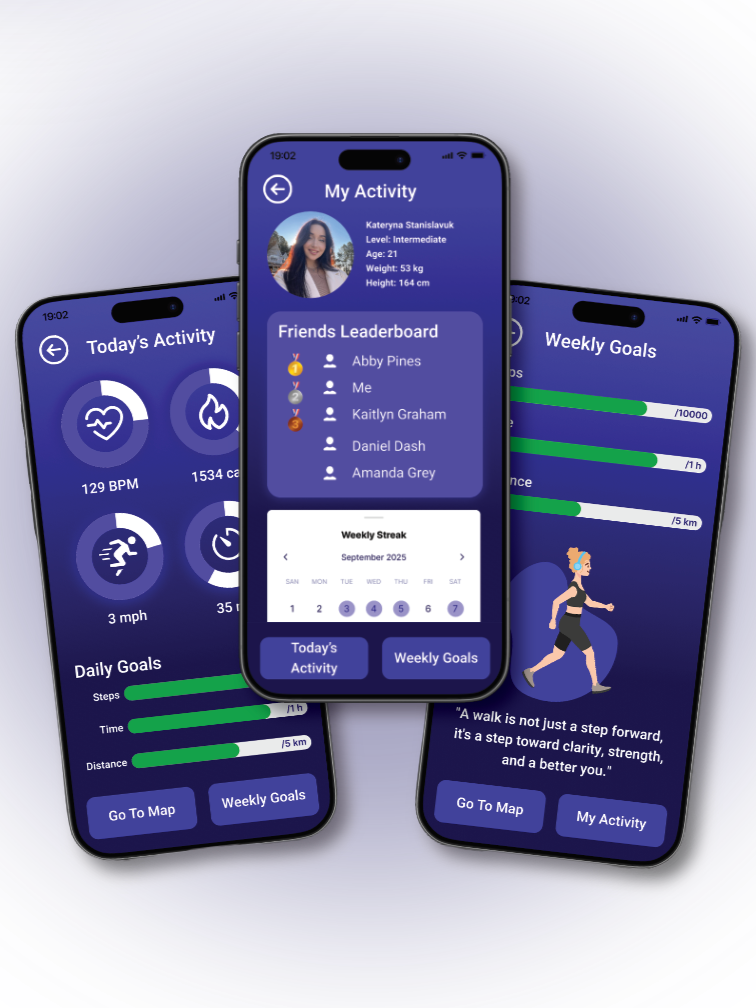 Smartphone screens displaying a fitness app with activity stats, leaderboards, and goals.