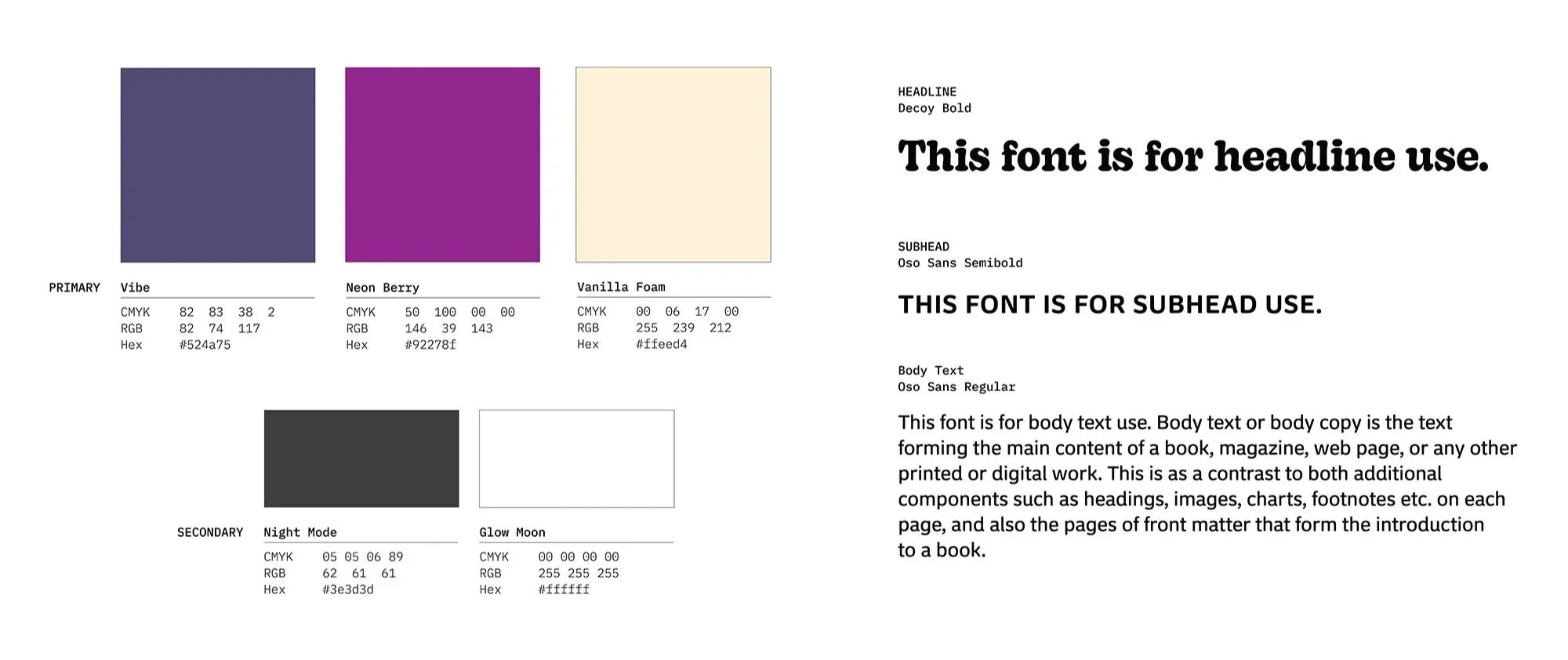 A color palette chart featuring eight different color swatches with their respective color codes, names, and hex values, arranged in a grid. To the right of the palette, there are example texts demonstrating font styles for headline, subhead, and body text.