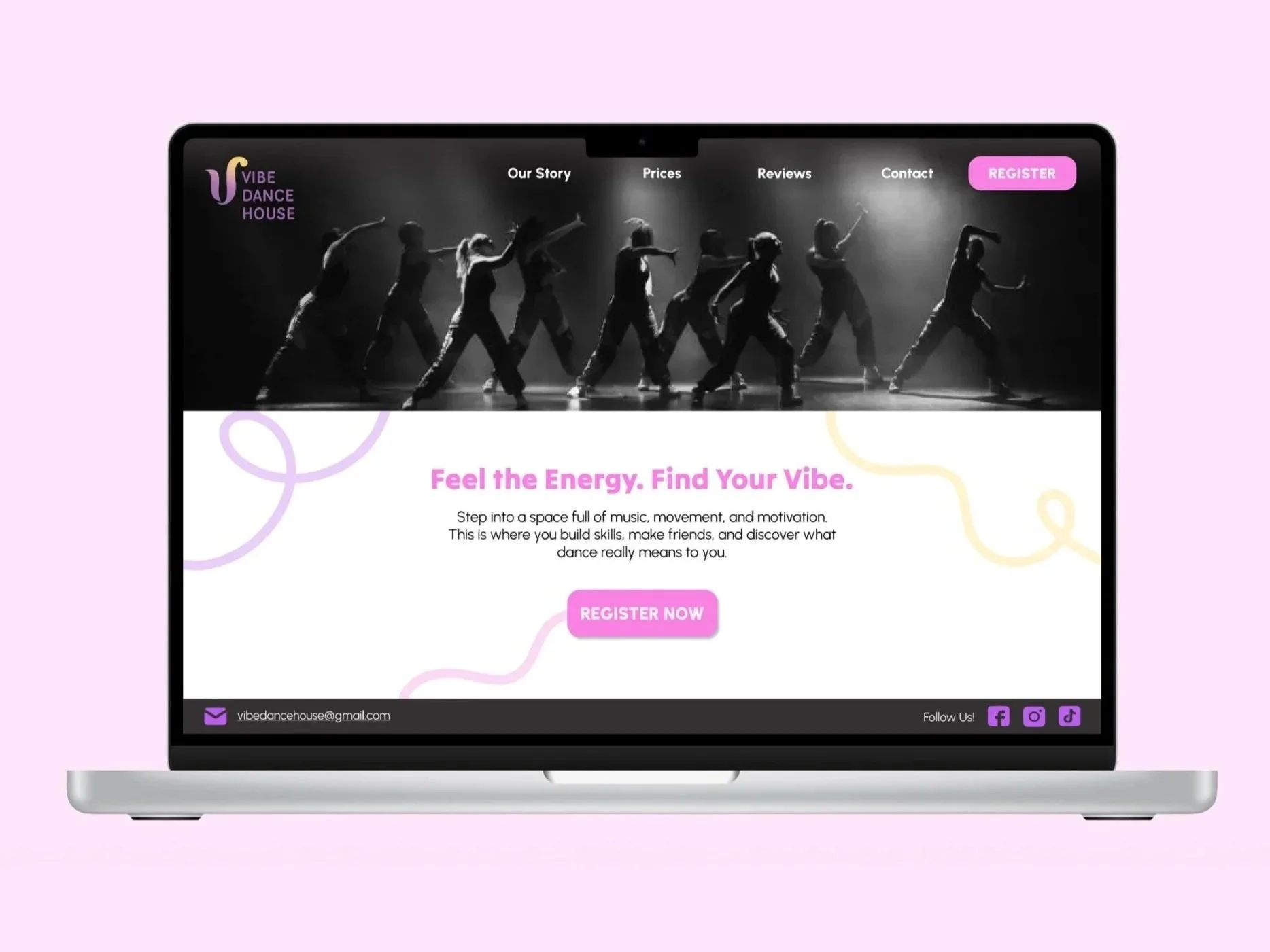 Webpage for Vibe Dance House featuring a black-and-white dance studio image with dancers, pink registration button, contact info, and social media icons