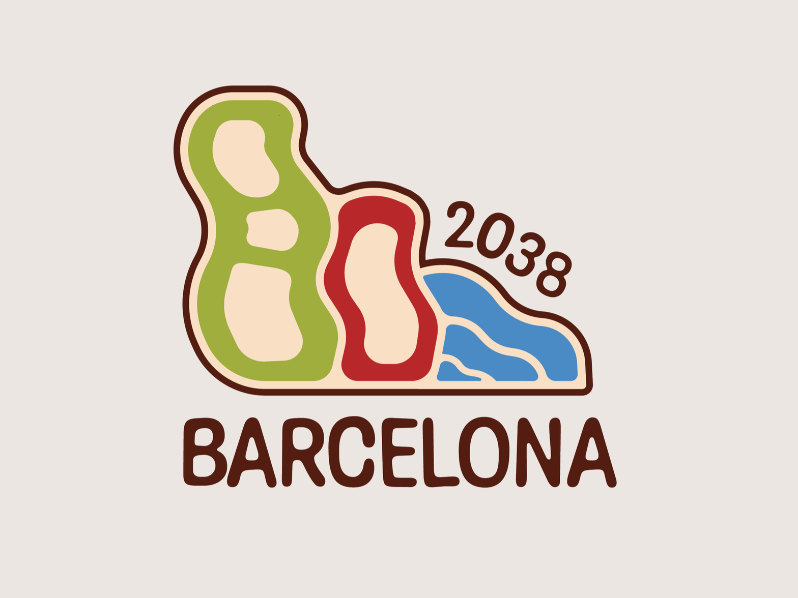 A colorful illustration of a stylized map of Barcelona, with different districts in green, red, and blue. The number 2038 is written above the blue area, and the word "Barcelona" is written below in bold brown letters.