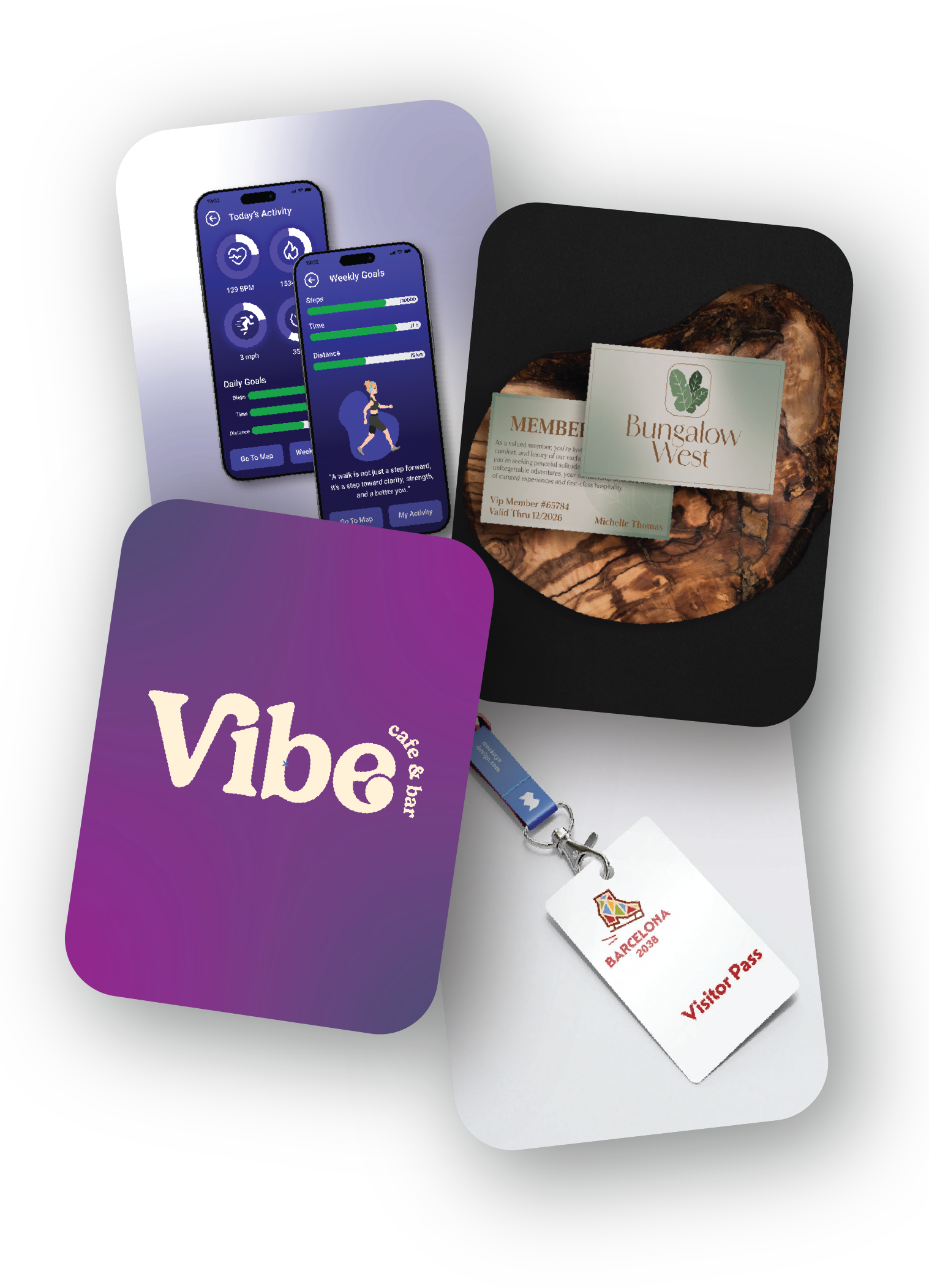 A display of travel essentials including a purple sign with white text reading 'Vibe cafe & bar', a smartphone showing activity and goals, a wooden slab with a hospitality member card and a business card for Bungalow West, a white visitor pass for Barcelona 2038, and a white keychain with a logo.
