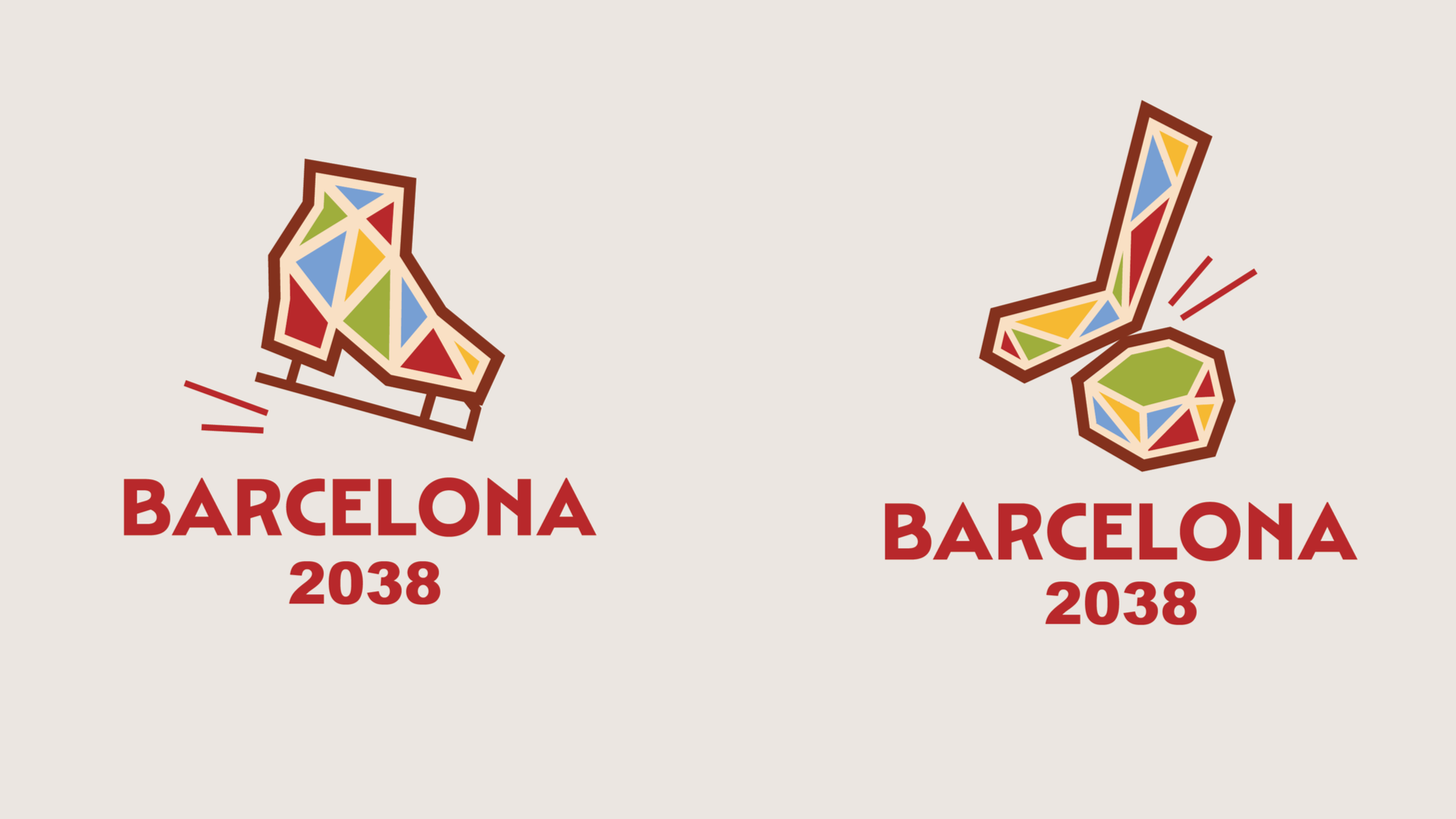 Two modern logos for Barcelona 2038, featuring abstract geometric designs inspired by the city. The left logo includes a stylized mosaic pattern with the text 'Barcelona 2038' below. The right logo features a geometric shape with a similar mosaic pattern and the same text below.
