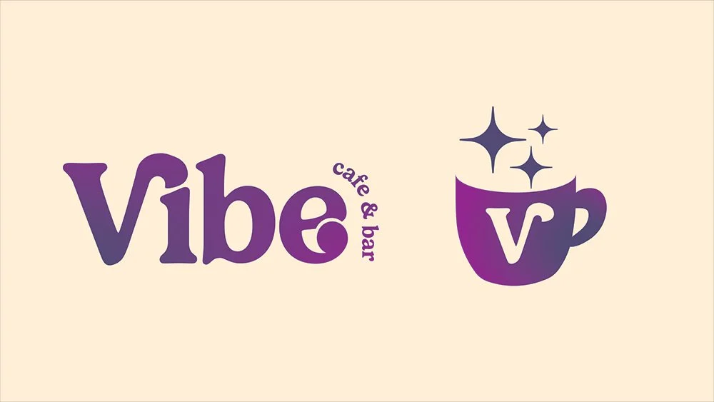 Logo for Vibe Cafe & Bar featuring the word 'Vibe' in purple, with a stylized purple coffee cup with steam and sparkles.