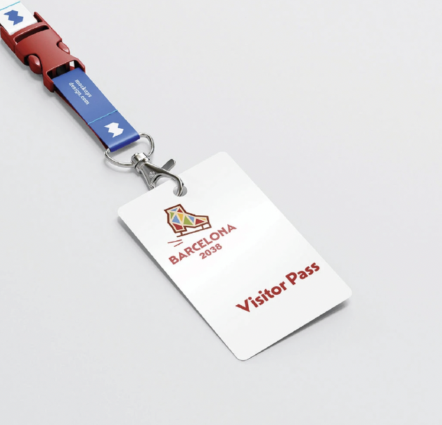 Barcelona visitor pass badge attached to a red and blue lanyard on a white background.
