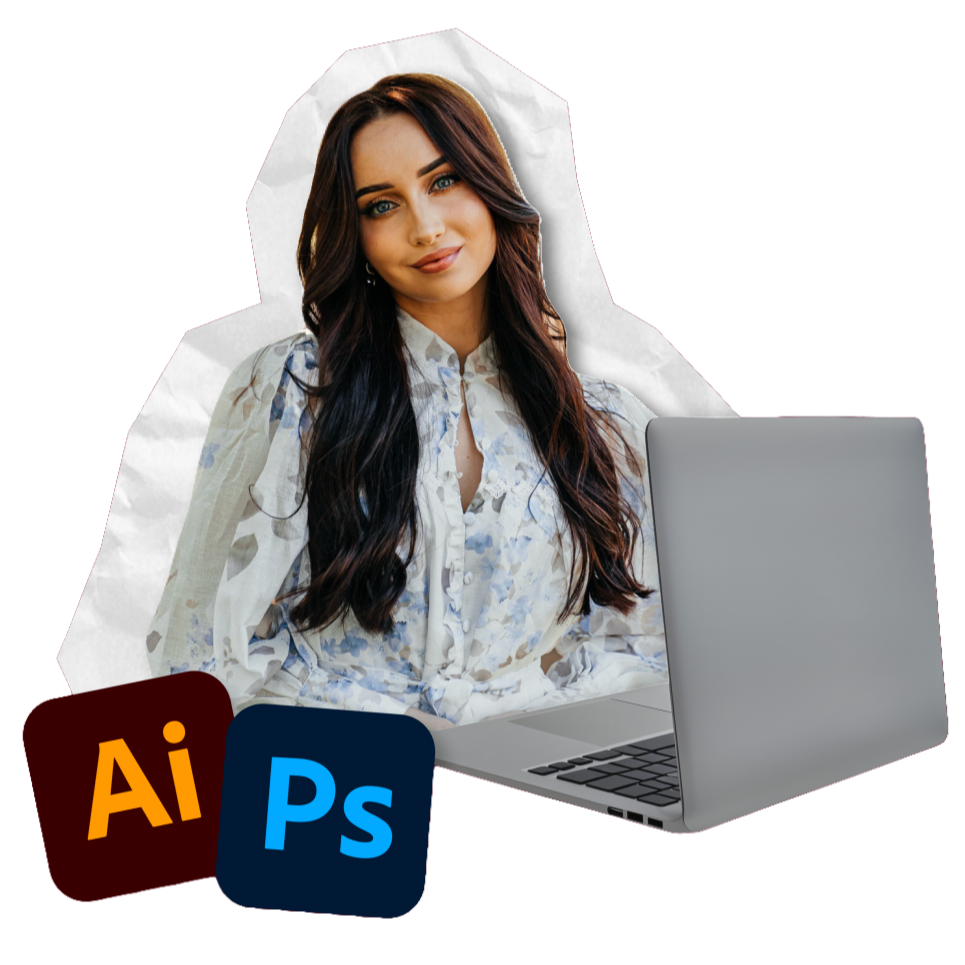 A woman with long dark hair sitting at a laptop, with Adobe Illustrator and Photoshop icons in the foreground.