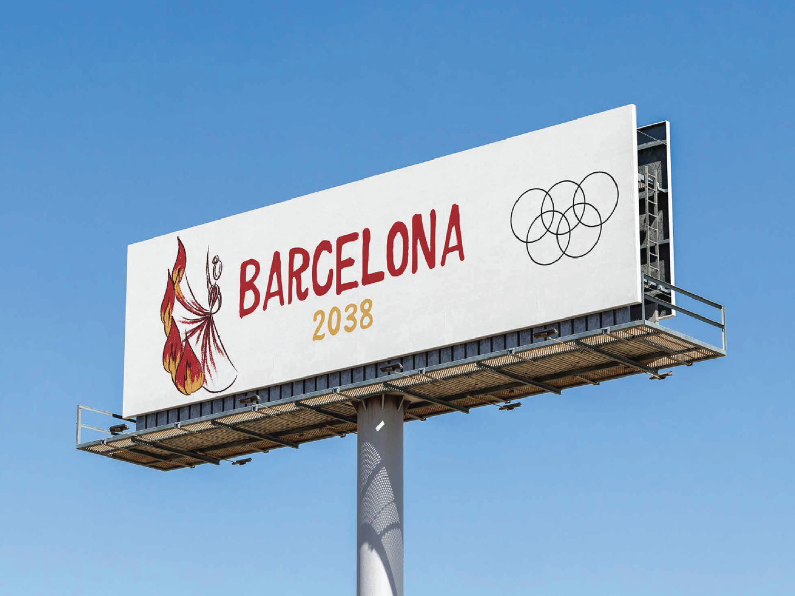 Billboard with the text 'Barcelona 2038', a stylized flame, and five interlinked Olympic rings, set against a clear blue sky.