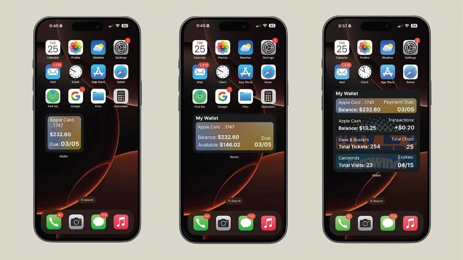 Three iPhones showing different screens with a wallet widget. The first screen shows a simple wallet with a balance of $232.60 due on March 5th. The second screen shows the same wallet with additional details, including available balance of $146.02 and due date March 5th. The third screen displays the same wallet with a pop-up overlay showing detailed account information, transactions, total tickets, and expired carwands.