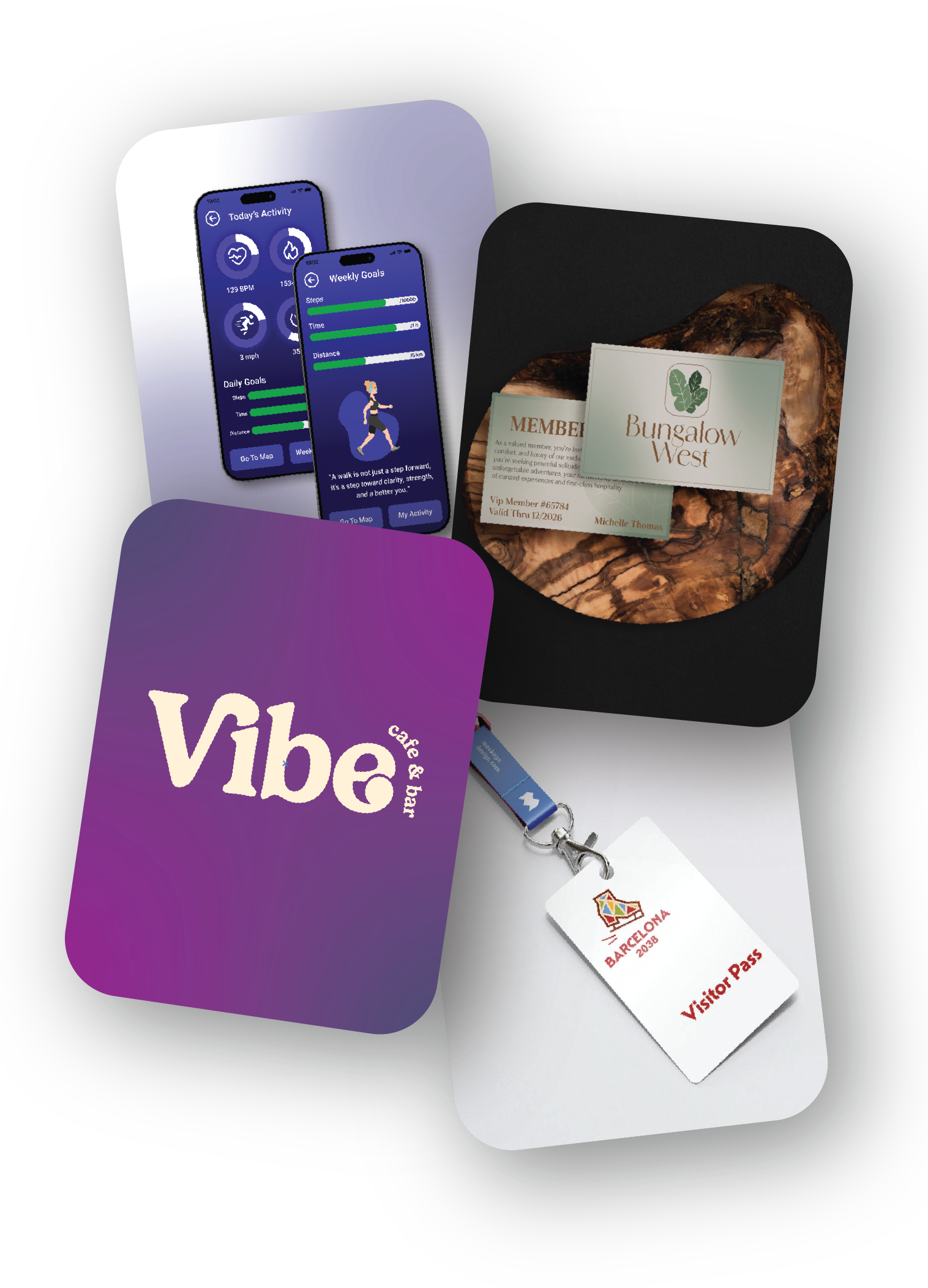 A collection of travel-related items including two smartphones displaying fitness apps, wooden travel souvenirs, a membership card for Bungalow West, a VIP visitor pass for Barcelona 2038, and a set of keys with a white luggage tag.