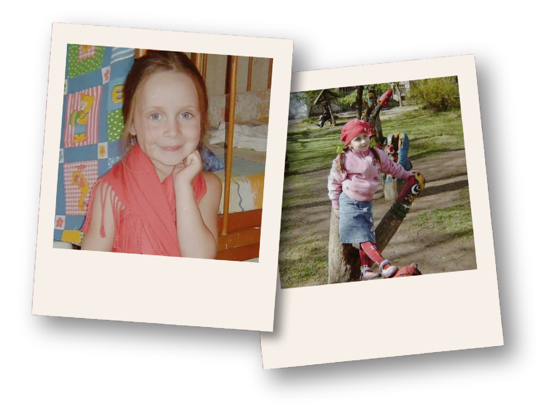 Two photographs of a young girl with red hair, blue eyes, and light skin. In the first photo, she is indoors; in the second, outdoors in a park. In the first, she wears a red sleeveless top, resting her chin on her hand. In the second, she wears a pink jacket, red hat, and checkered leggings, sitting on a tree with playground equipment in the background.