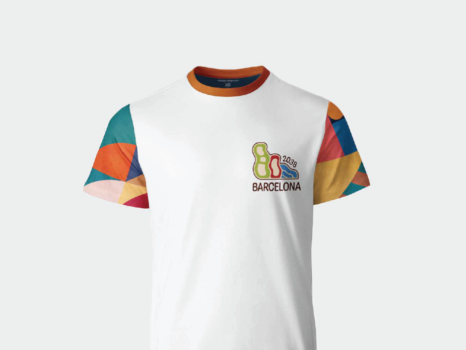 White T-shirt with colorful patterned sleeves and a logo on the chest reading 'Barcelona 2038' with stylized shoes.