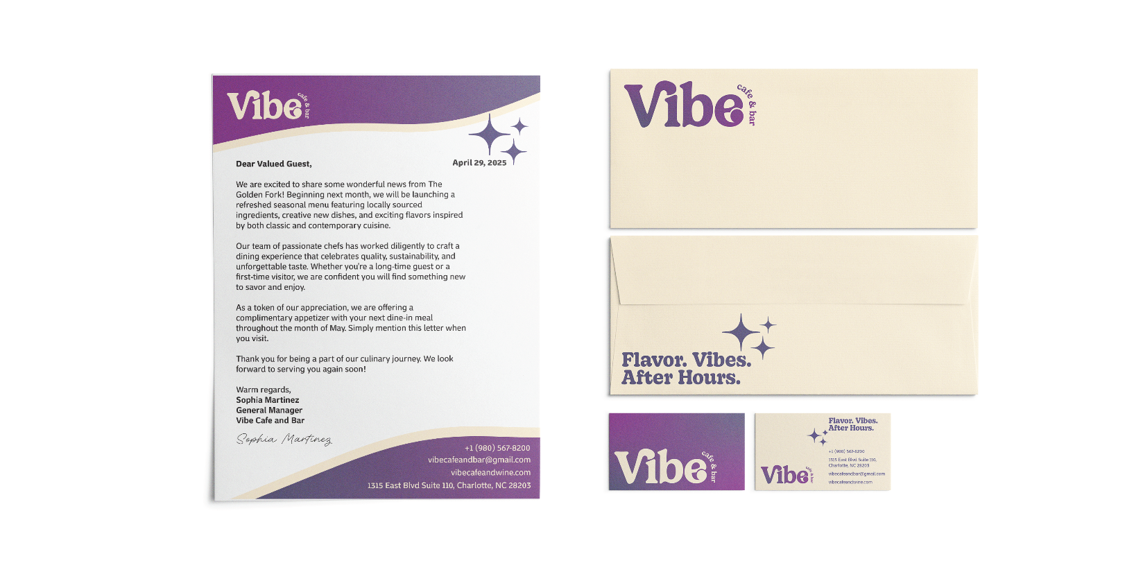Print materials for Vibe Cafe & Bar, including a letter, two folded menus or flyers, and two business cards, all featuring the Vibe logo and branding in purple, cream, and beige colors.