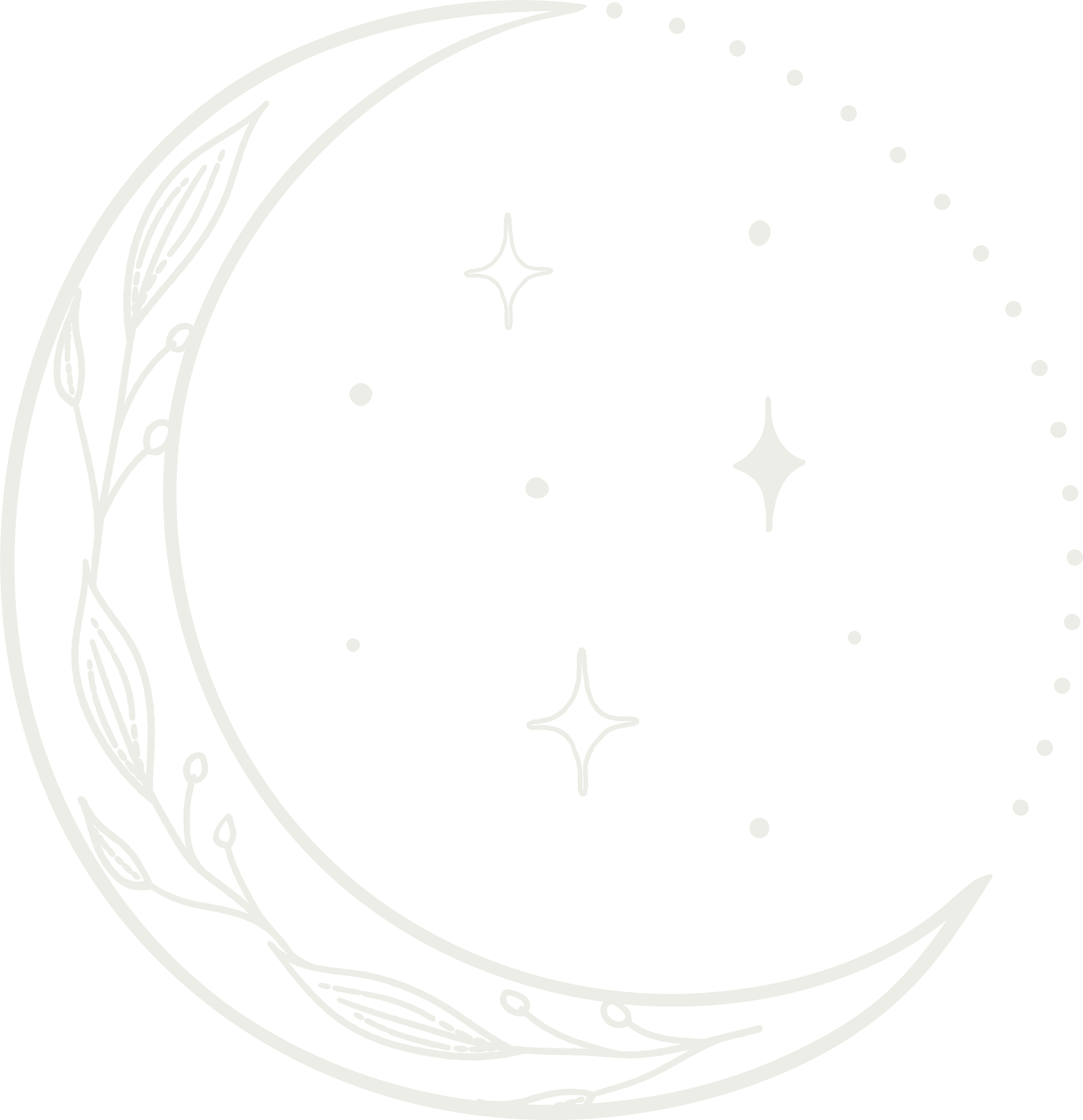 Black and white artistic illustration of a crescent moon with detailed line patterns and numerous small dots and star shapes surrounding it.