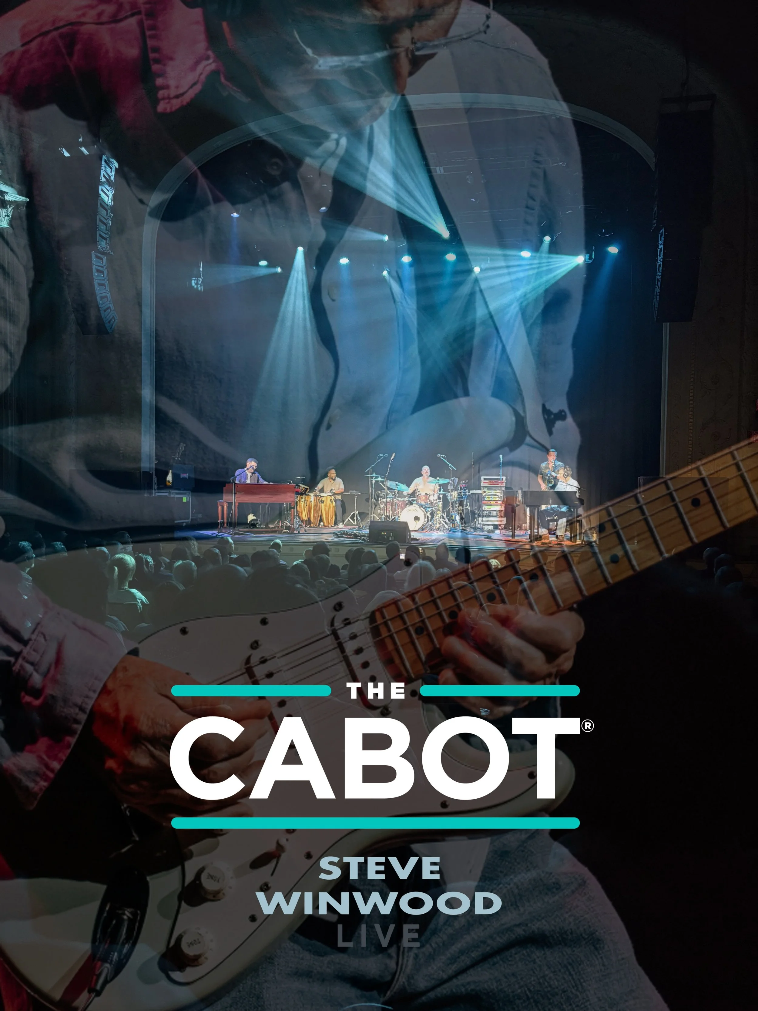 A musician playing an electric guitar in front of a large screen showing a band performing on stage with blue lighting, while the audience watches. Overlaid text reads 'The Cabot, Steve Winwood Live'.