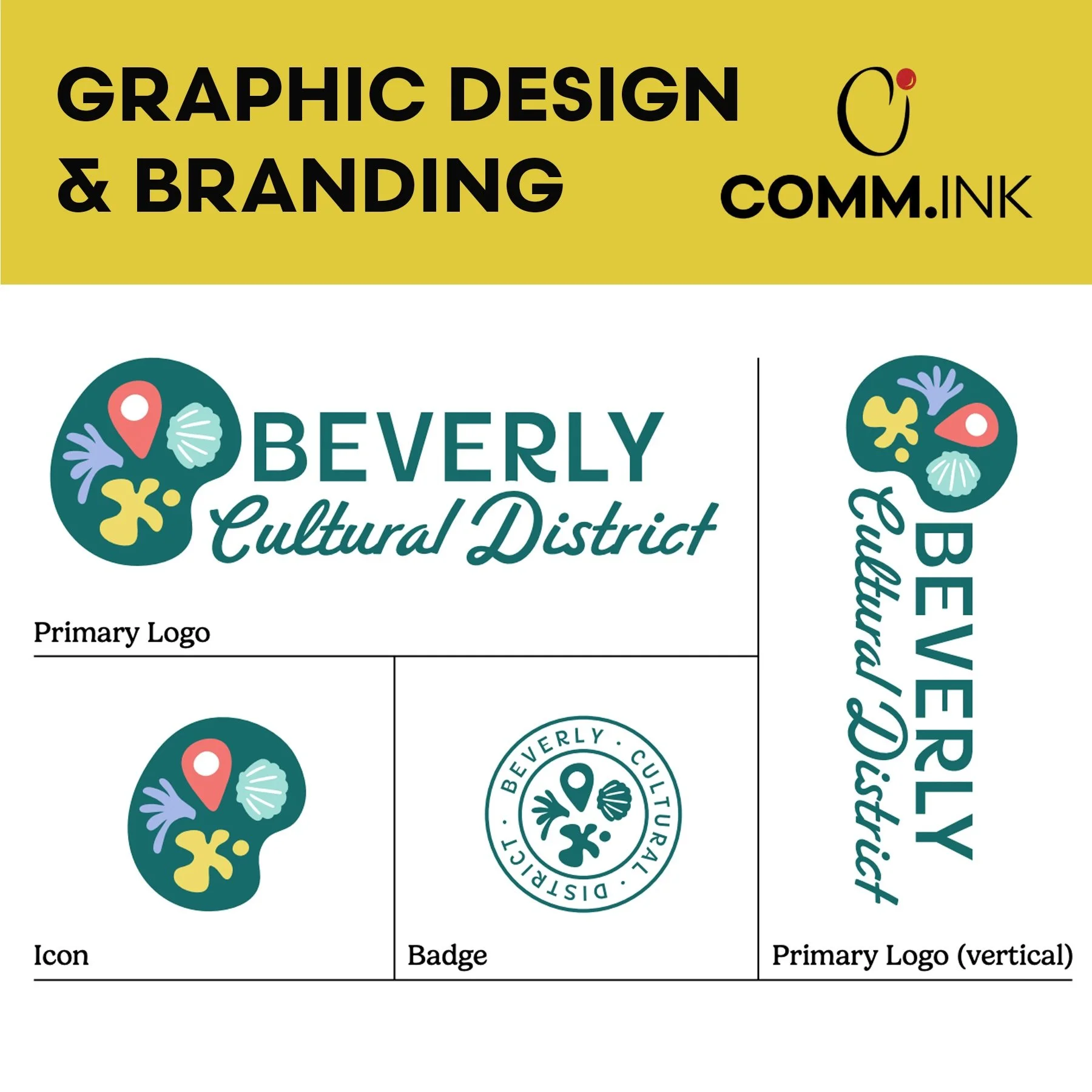 A branding and logo design style guide for Beverly Cultural District. The guide includes a main logo with a colorful shell icon, a circular author badge, and a vertical primary logo with multi-colored shell and location icons.