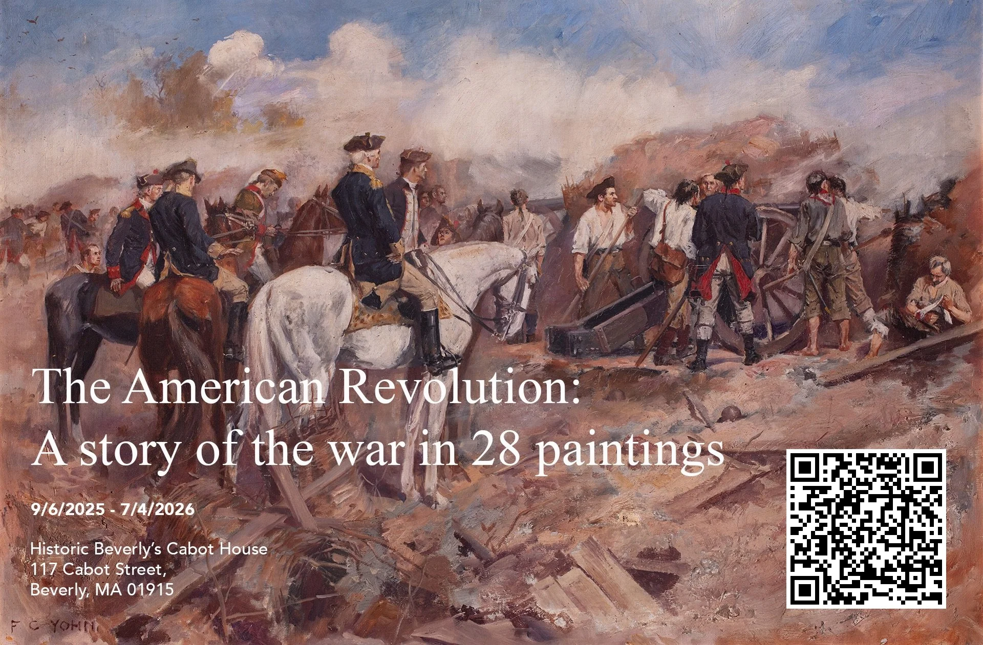 A historical painting depicting soldiers during the American Revolution, with some on horseback and others on foot, fighting amidst smoke and chaos.