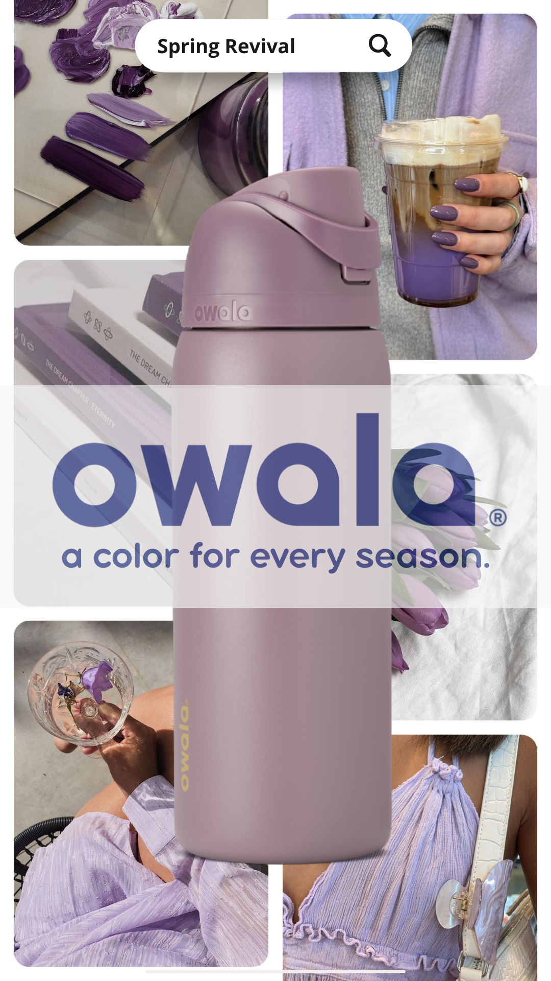 Collage featuring purple and lavender objects including a purple Owala water bottle, people holding purple drinks, a purple flower, and purple painted nails.