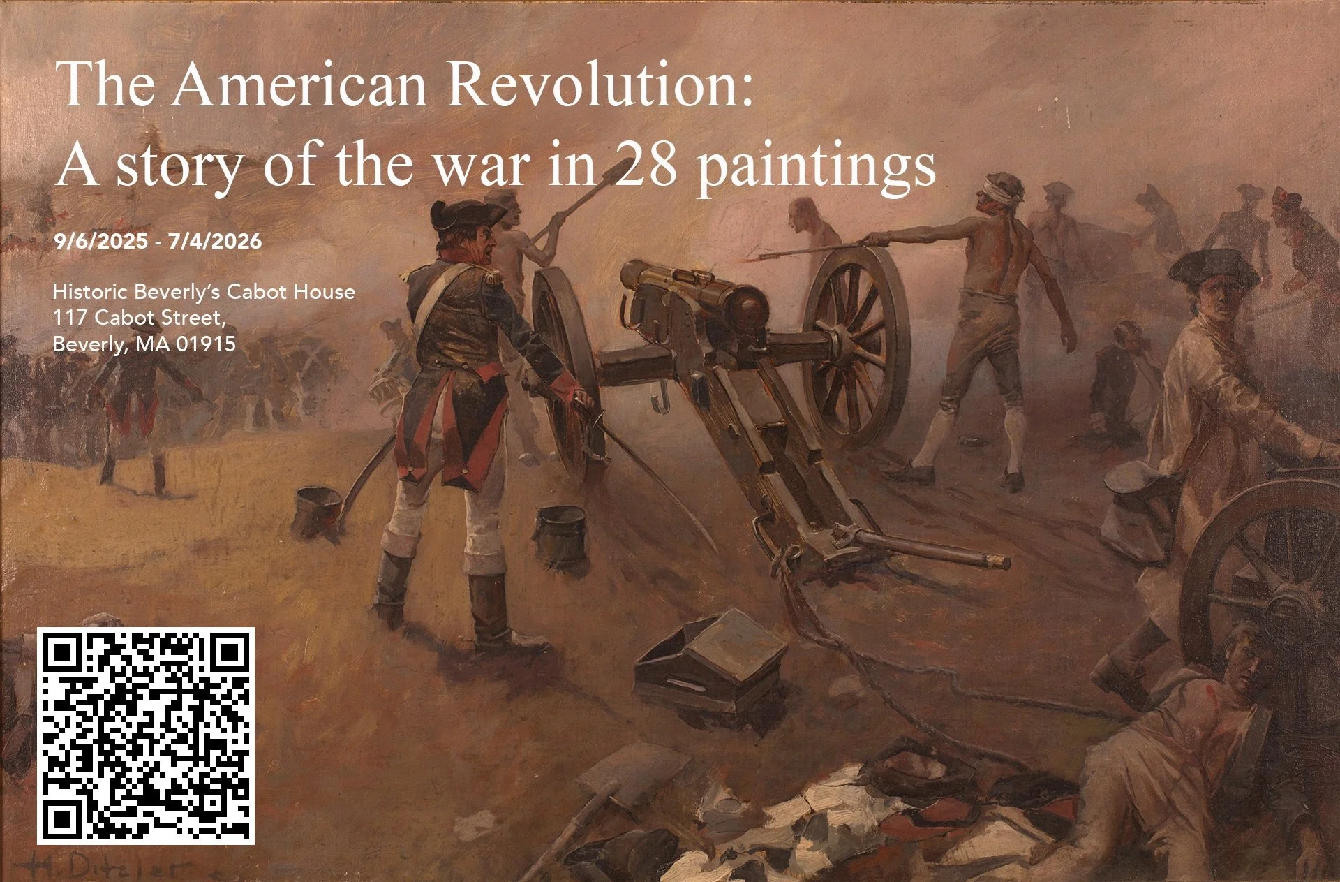 A historical painting depicting Revolutionary War soldiers operating a cannon, with soldiers in the background. The setting appears to be outdoors on a battlefield.