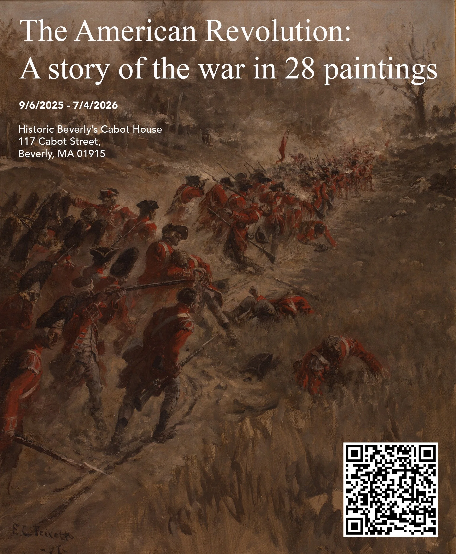 Historical painting illustrating American soldiers in red coats marching with rifles in a battlefield, under an overcast sky. The scene depicts the American Revolution.